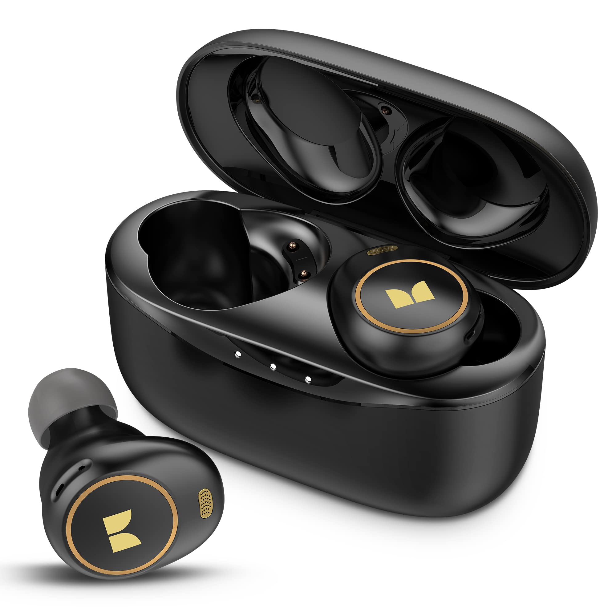 گوشی‌های بی‌سیم Monster Earbuds، اکنون موفق شدند که AirLinks 300 را با قابلیت کنترل لمسی همراه با قاب شارژ بیاورند، هدفون‌های بلوتوث، سیاه عمیق، سیاه و طلایی.