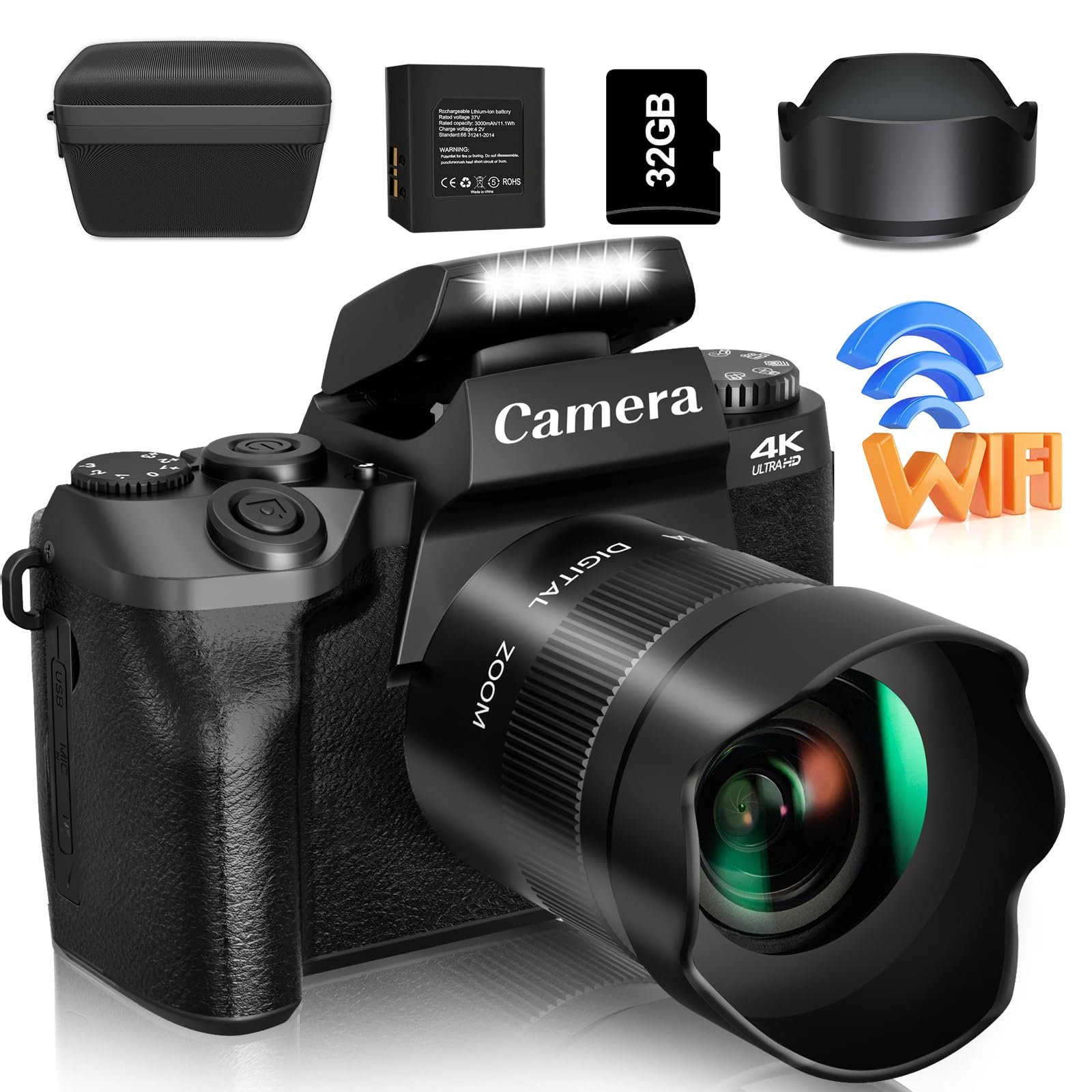 دوربین دیجیتال سانین، 4K برای عکاسی و ویدیو، دوربین ولاگینگ با صفحه لمسی WiFi با رزولوشن 64 مگاپیکسل برای یوتیوب همراه با فلش، کارت حافظه 32 گیگابایت، هود لنز، باتری 3000 میلی آمپر ساعت، دوربین‌های 4K و 64 مگاپیکسل - مشکی