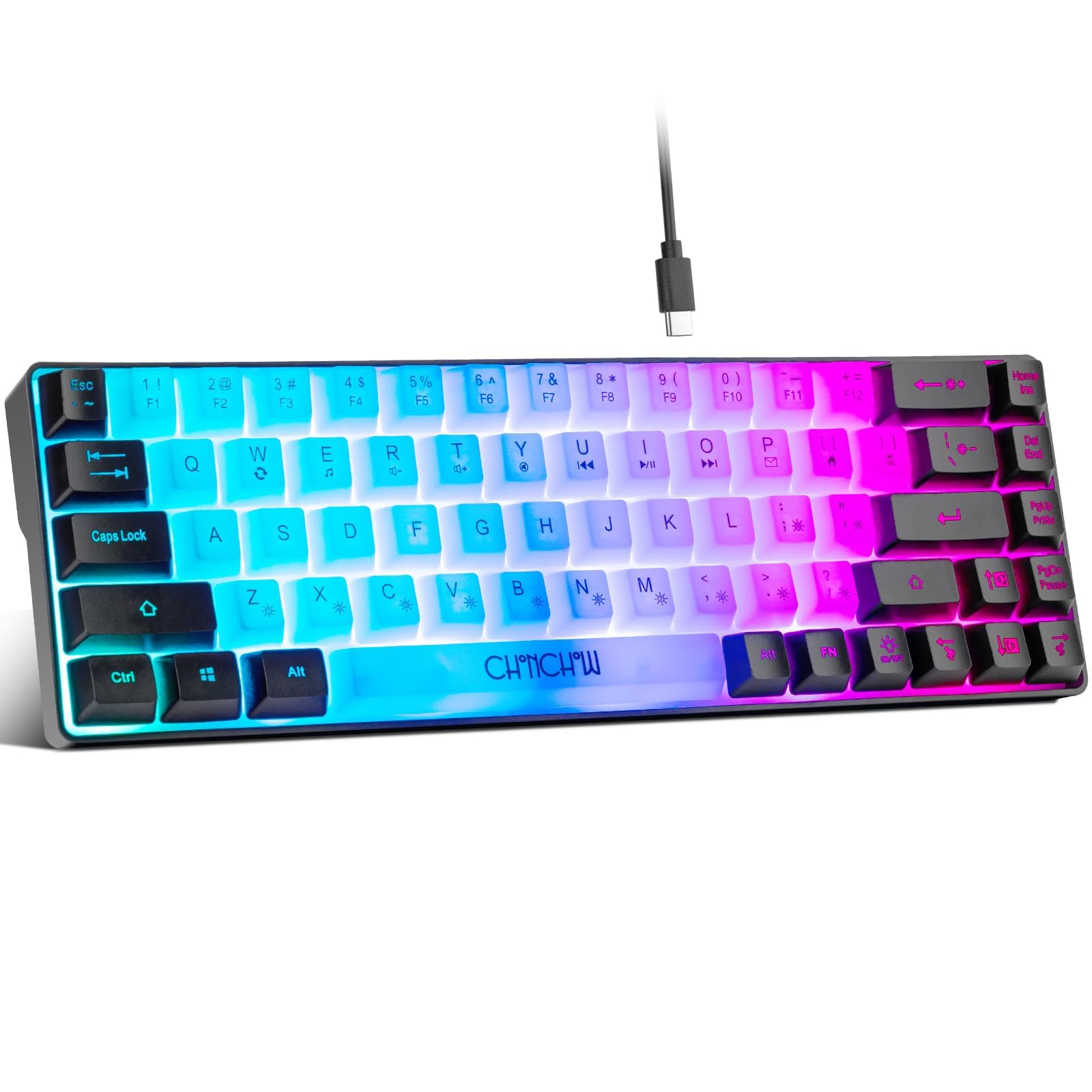 صفحه کلید بازی CHONCHOW Mini RGB 60٪ ، 68 کلید کوچک کوچک USB باسکولت باسکولت باسکولت باسکولت رنگین روشن برای Xbox PS4 PS5 PC لپ تاپ گیمر (سفید-سیاه)