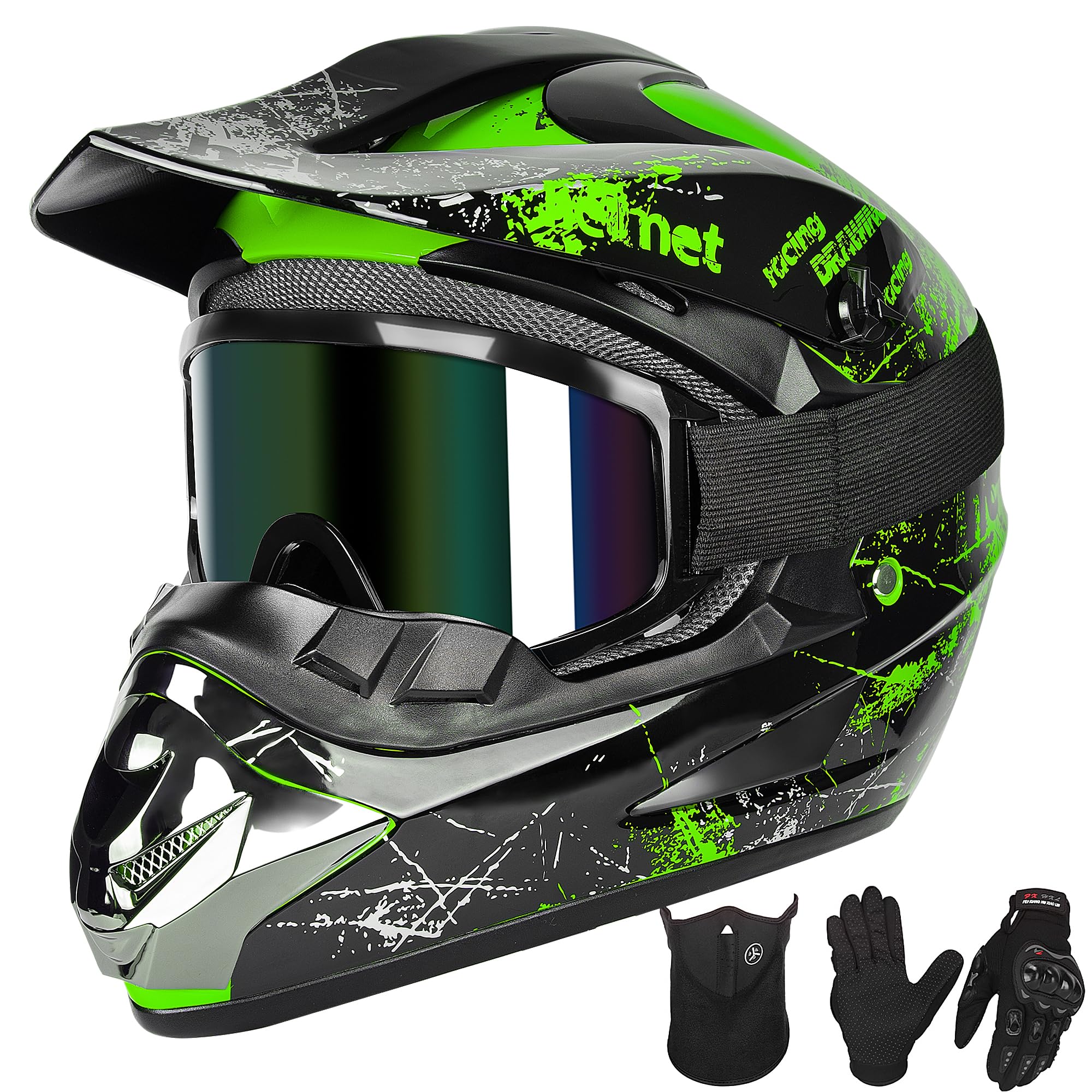 کلاه موتورسیکلت بچه گانه و نوجوانان Yesmotor Youth & Kids Dirt Bike Helmet Motocross Offroad Street Mountain Bike ATV Helmet Motorcycle Helmet Goggles Gloves - DOT Approved سبز2 S