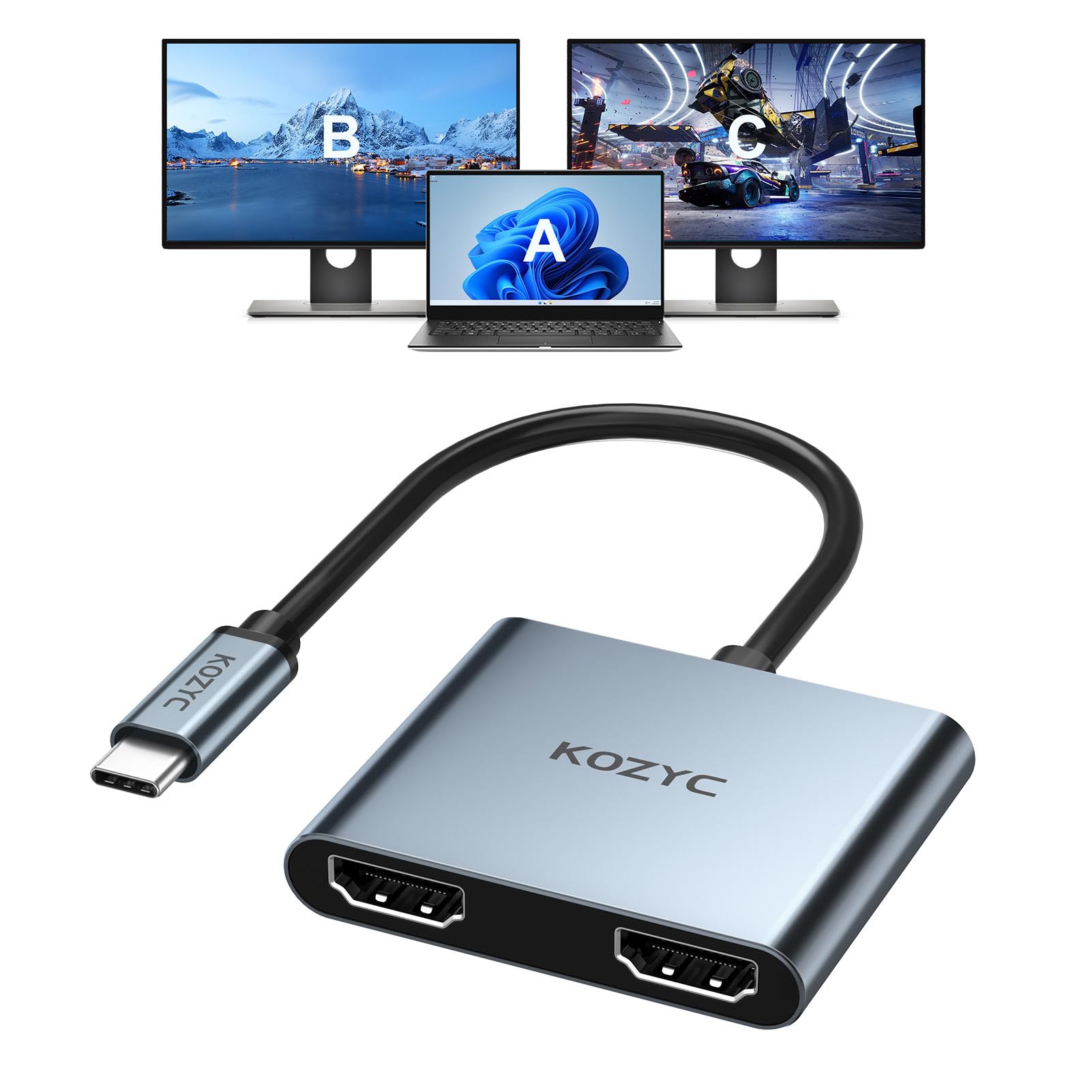 مبدل USB C به دو عدد HDMI با کیفیت 4K@60hz، اسپلیتر Type C به HDMI برای نمایش گسترده برروی MacBook/MacBook Pro Air Dell XPS13/15، Samsung Galaxy S9/S9+ (فقط پشتیبانی از MST در سیستم عامل ویندوز) 2 در 1