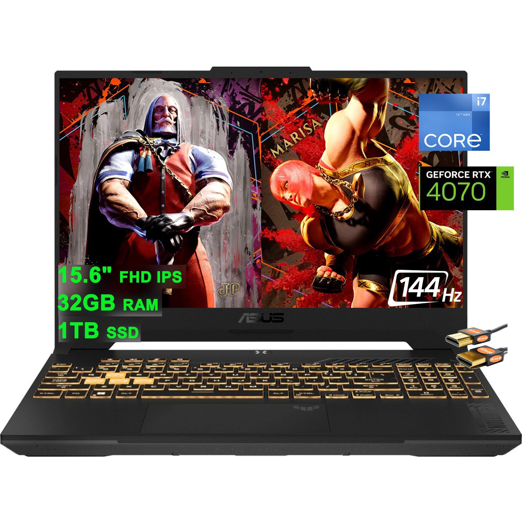 لپ تاپ بازی ایسوس TUF F15 15.6 اینچ با رزولوشن FHD 144Hz اینتل i7-12700H با 14 هسته (قدرتمند‌تر از i9-11950H) 32 گیگابایت رم، 1 ترابایت حافظه SSD، گرافیک 8 گیگابایتی GeForce RTX 4070، صفحه کلید با نور پسزمینه، پورت تاندربولت 4 USB-C، ویندوز 11 رنگ خاکستری همراه با کابل HDMI