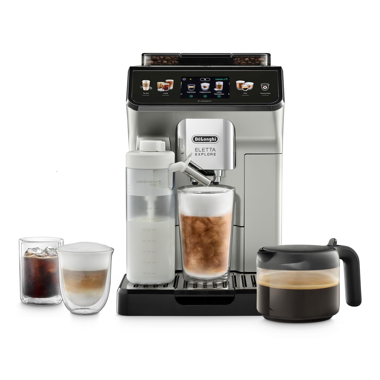 DE'LONGHI COLD BREW Coffee Machine ELETTA EXPLORE پیشرفته کاملا اتوماتیک Bean to Cup یخ زدا دارای 50+ عملکرد و دستورالعمل‌های کافی مثل اسپرسو، آمریکانو، کاپوچینو، لاته، ماکیاتو ECAM450.65.S NEW - Cold Brew Coffee Machine