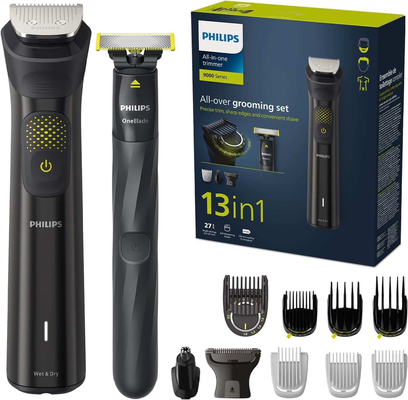 Philips مدل MG9530/15 13 در یک جداگانه تریمر + تیغ OneBlade، مجموعه بهداشتی کامل، تراشق دقیق، لبه‌های تیز، اصلاح راحت، 27 تنظیم طول (0.2-20 میلی‌متر)، انتخاب تیره مشکی