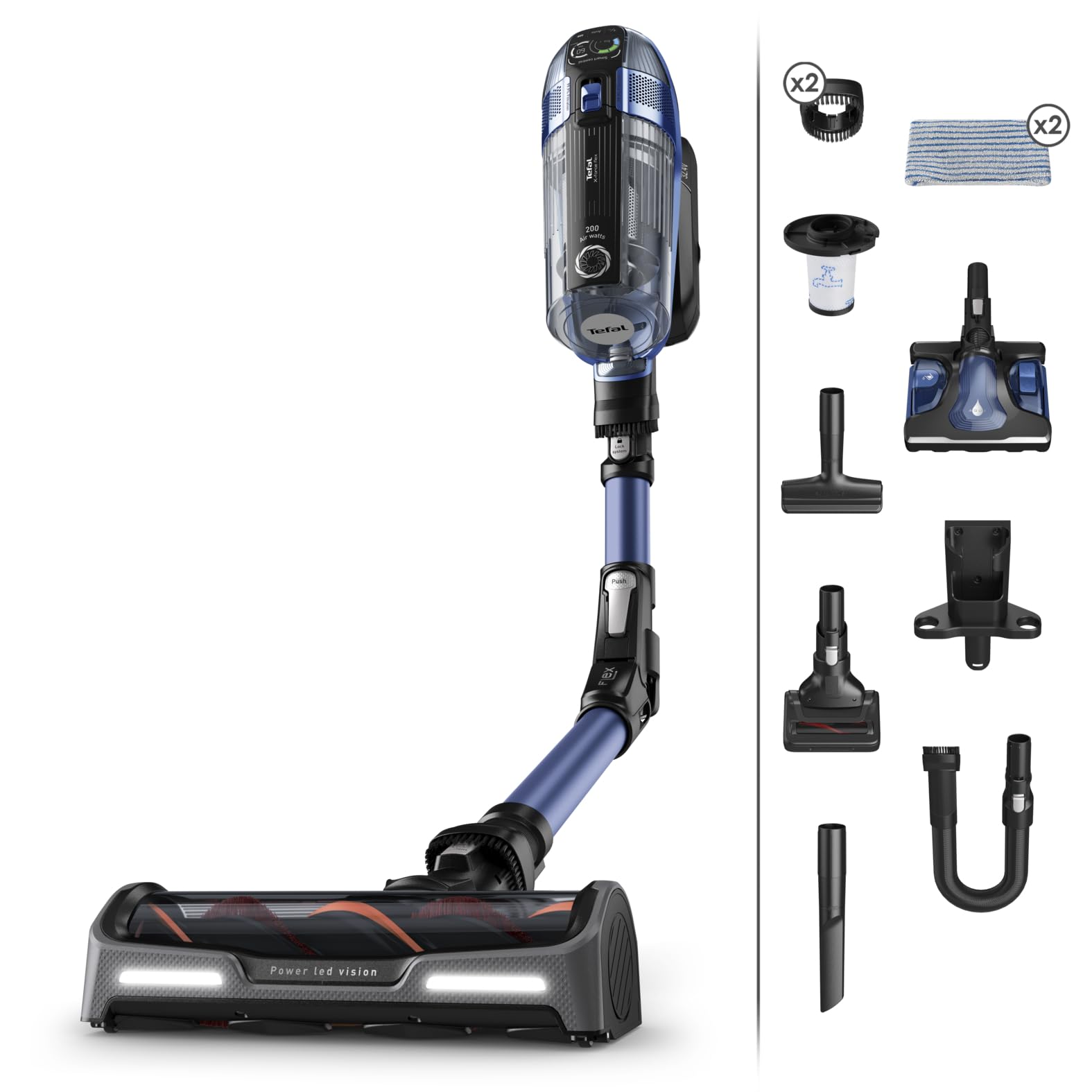 مکنده برقی بی‌سیم Tefal X-Force Flex 12.60، مدل آبی، مکش قدرتمند 150 وات هوا، باتری با عمر طولانی تا 45 دقیقه، قابلیت مک‌واتری و مکش 2 در 1، سیستم لوله انعطاف‌پذیر، مدل TY98C0HO