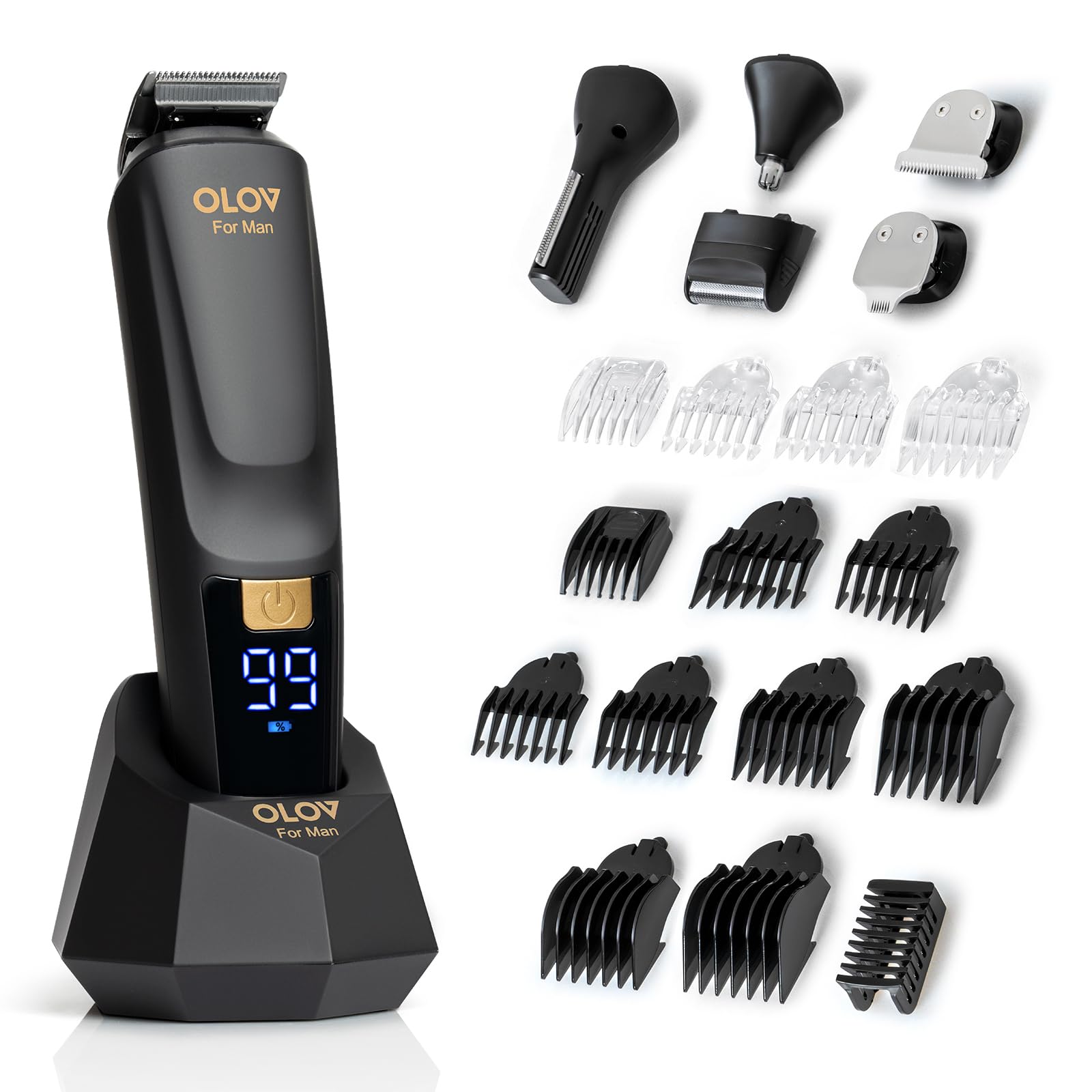OLOV For Man Beard Trimmer, 21 Piece All-in-One Mens Grooming Kit and Hair Clipper, Nose, Ear,Body and Face, Electric Razor with USB Recharge Dock Black/White