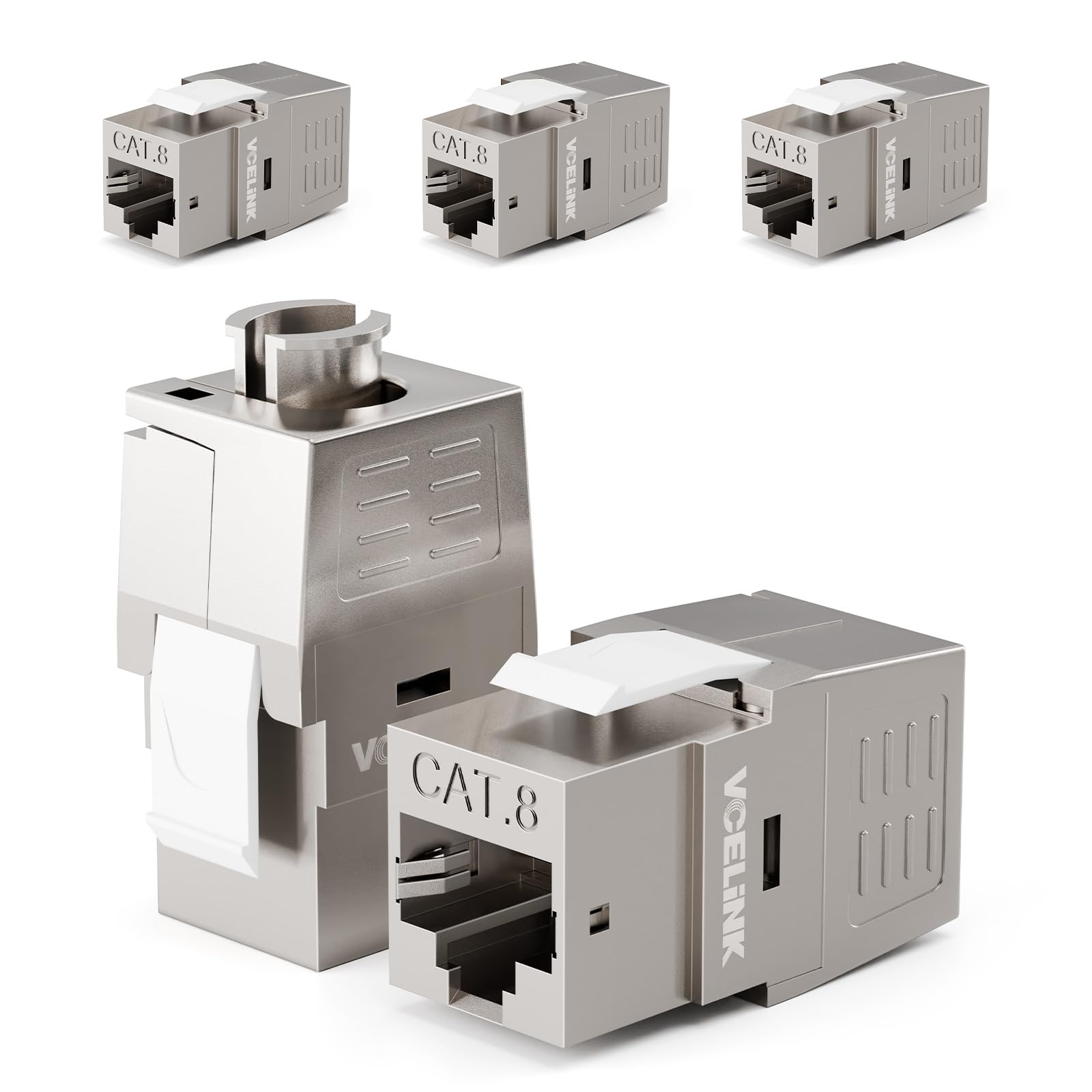 کلید واژه RJ45 Cat8 محافظت شده، 40Gbps 180-درجه جک مدولار ابزار بدون نیاز به ابزار برای کابل اترنت S/FTP 22 تا 24 AWG جامد یا تناوبی، نقره‌ای، 5 بسته