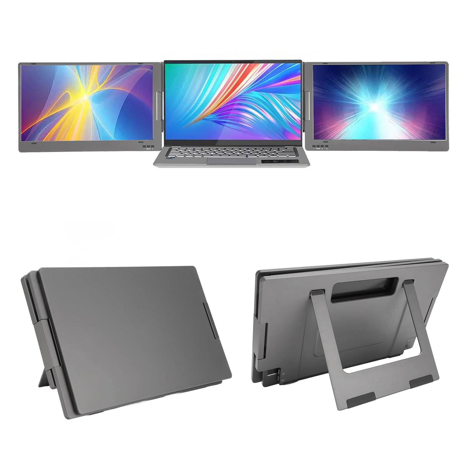 مانیتور قابل حمل سه 14 اینچی Luqeeg - FHD 1080P 60Hz توسعه‌دهنده صفحه نمایش لپ‌تاپ برای نمایش دوگانه، مانیتور قابل حمل سه تایی برای لپ‌تاپ 13-16 اینچی و تلفن همراه (پلاگ انگلیسی X90A)