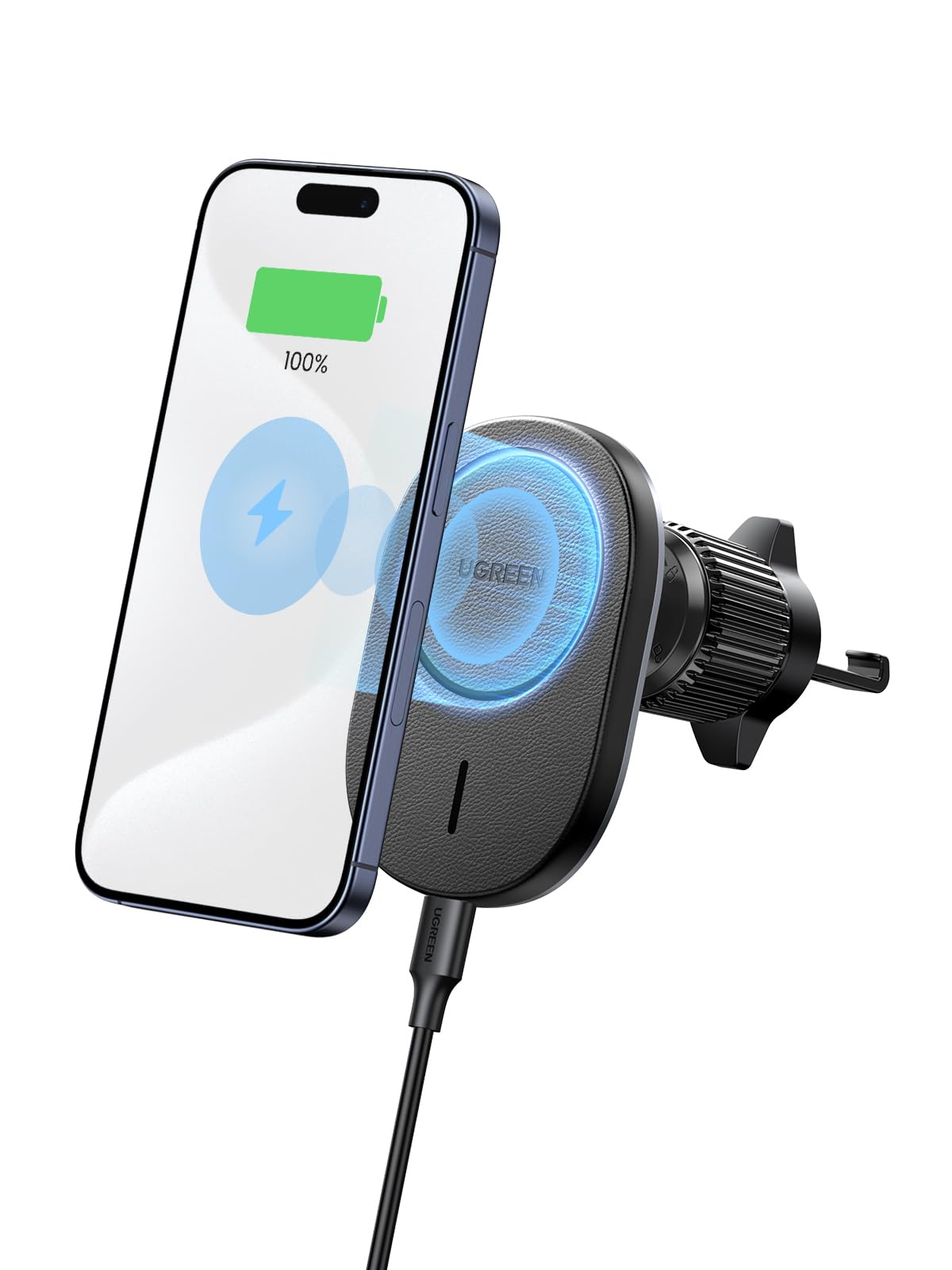 شارژر بی‌سیم UGREEN iPhone Magsafe Car Holder Air Vent Car Cradle Stable Hook، شارژر بی‌سیم مغناطیسی برای سری iPhone 16/15/14/13/Series، پنل چرمی سیاه