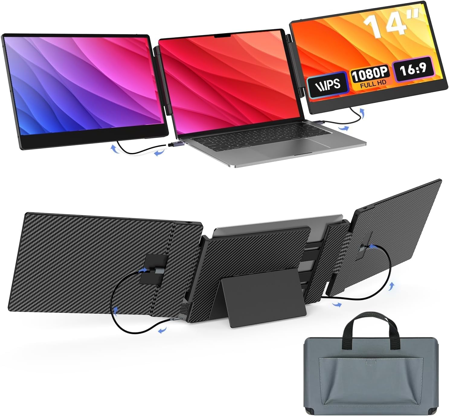 UK BONITOYS افزایش دهنده صفحه نمایش لپ تاپ، 14 اینچ FHD 1080P افزاینده مانیتور لپ تاپ، پلاگ اند پلی، استند آلیاژ به‌روز، سازگار با سه مانیتور برای ویندوز، مک، کروم 14 اینچ سه‌صفحه‌ای