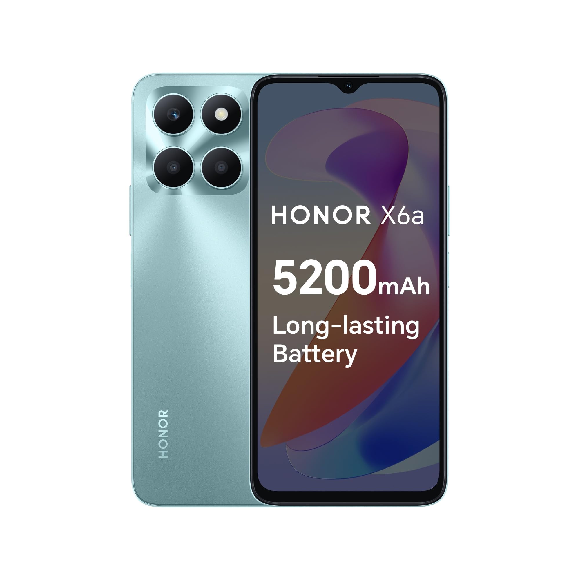 تلفن همراه HONOR X6a آنلاک شده، نمایشگر 90Hz Fullview 6.5 اینچی، 4GB+128GB، باتری قدرتمند 5200 mAh، دوربین سه‌گانه 50 مگاپیکسل، اندروید 13، Cyan Lake