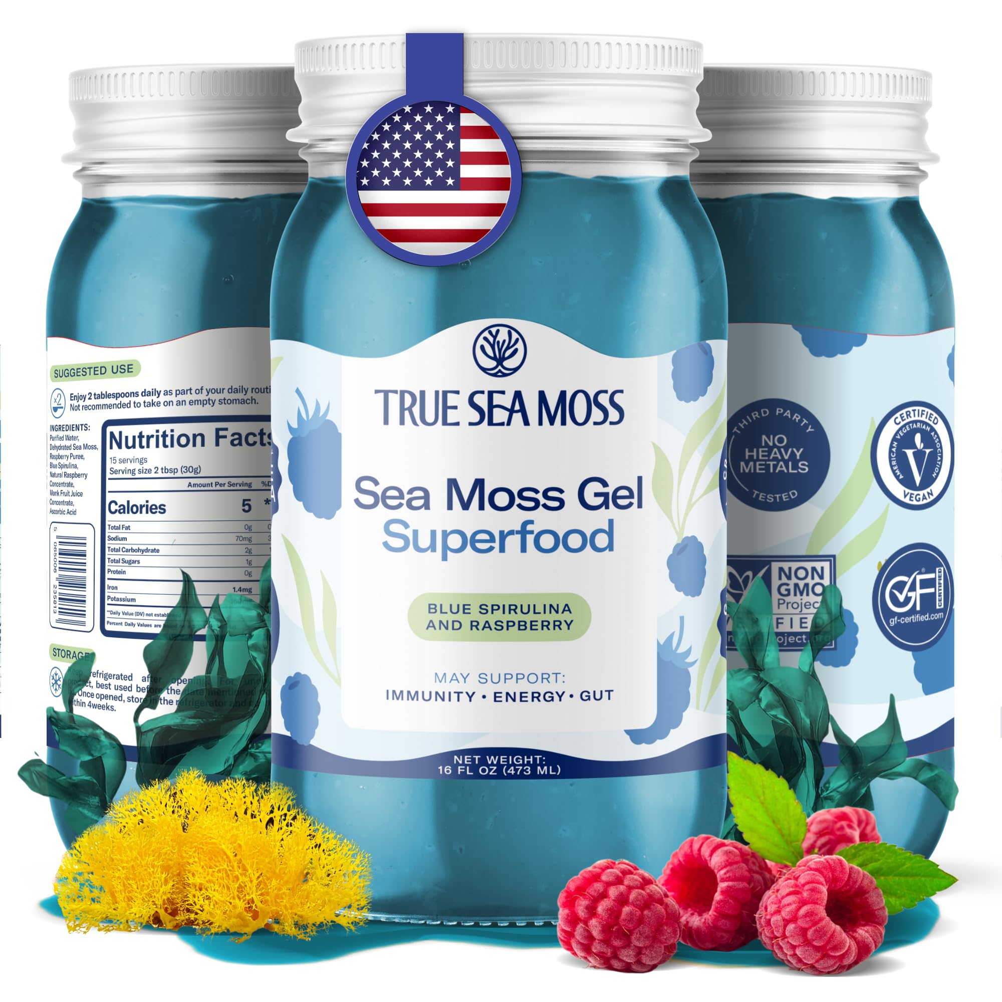 ژل دریایی TrueSeaMoss - تولید شده در ایالات متحده آمریکا - Seamoss Wildcrafted، میوه های تازه و سبزیجات دریایی - اسپیرولینا آبی، بسته 1 عدد (برچسب‌ها ممکن است متفاوت باشند) اسپیرولینا آبی 16 اونس مایع (بسته 1 عدد)