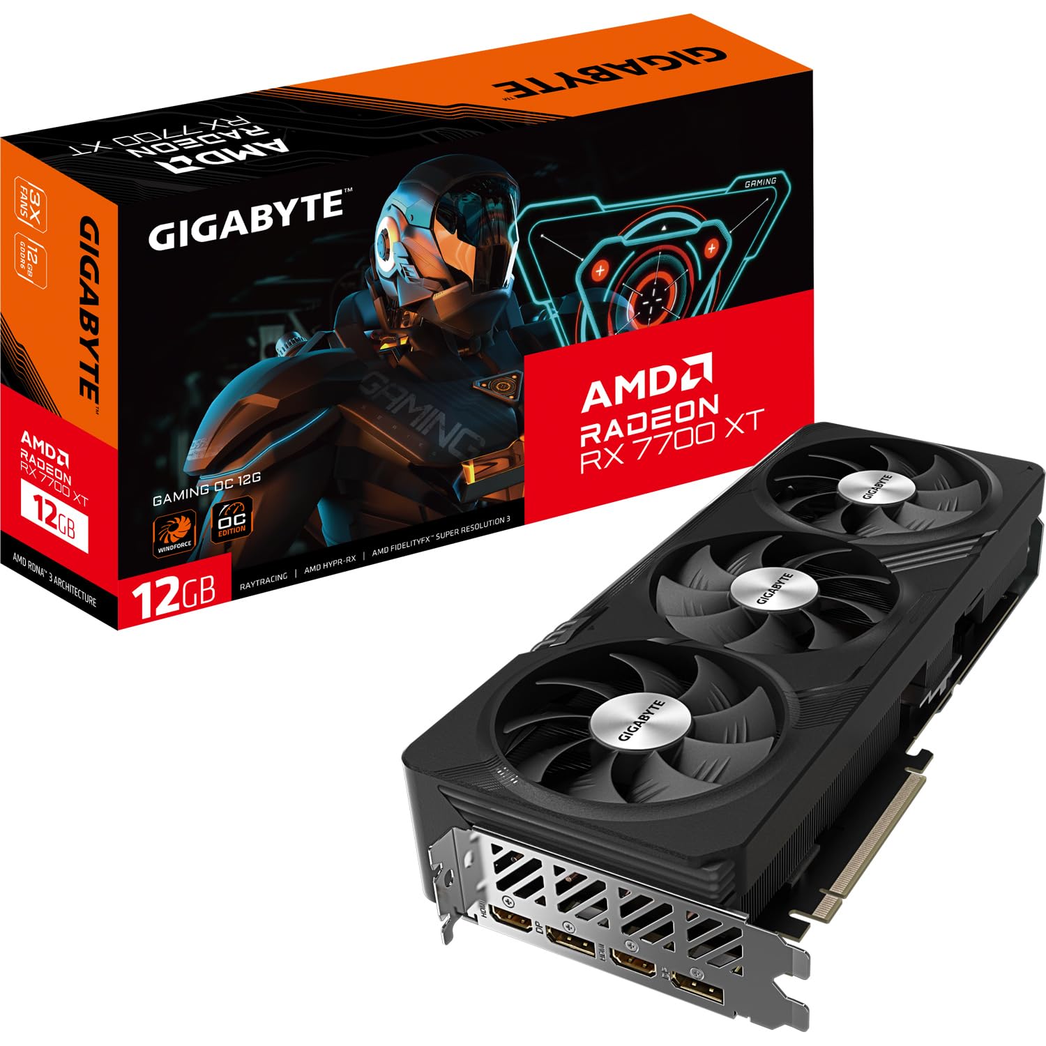 کارت گرافیک Gigabyte Radeon RX 7700 XT GAMING OC 12GB - حافظه 12GB GDDR6 192-bit، سیستم خنک‌کننده Windforce، پشته فلزی، DP 2.1، HDMI 2.1، معماری AMD RDNA 3، مدل GV-R777XTGAMING OC-12GD