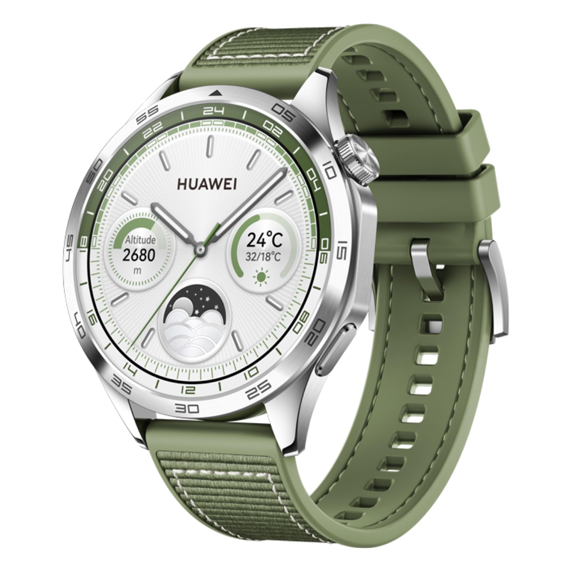 ساعت هوشمند HUAWEI Watch GT4 46 میلی‌متر، با عمر باتری تا ۲ هفته، دو باند فرکانسی پنج‌سیستمی GNSS برای موقعیت‌یابی، تجزیه و تحلیل آریتمی پالس، مانیتورینگ سلامت ۲۴/۷، سازگار با سیستم‌عامل‌های اندروید و iOS، سبز بزرگ