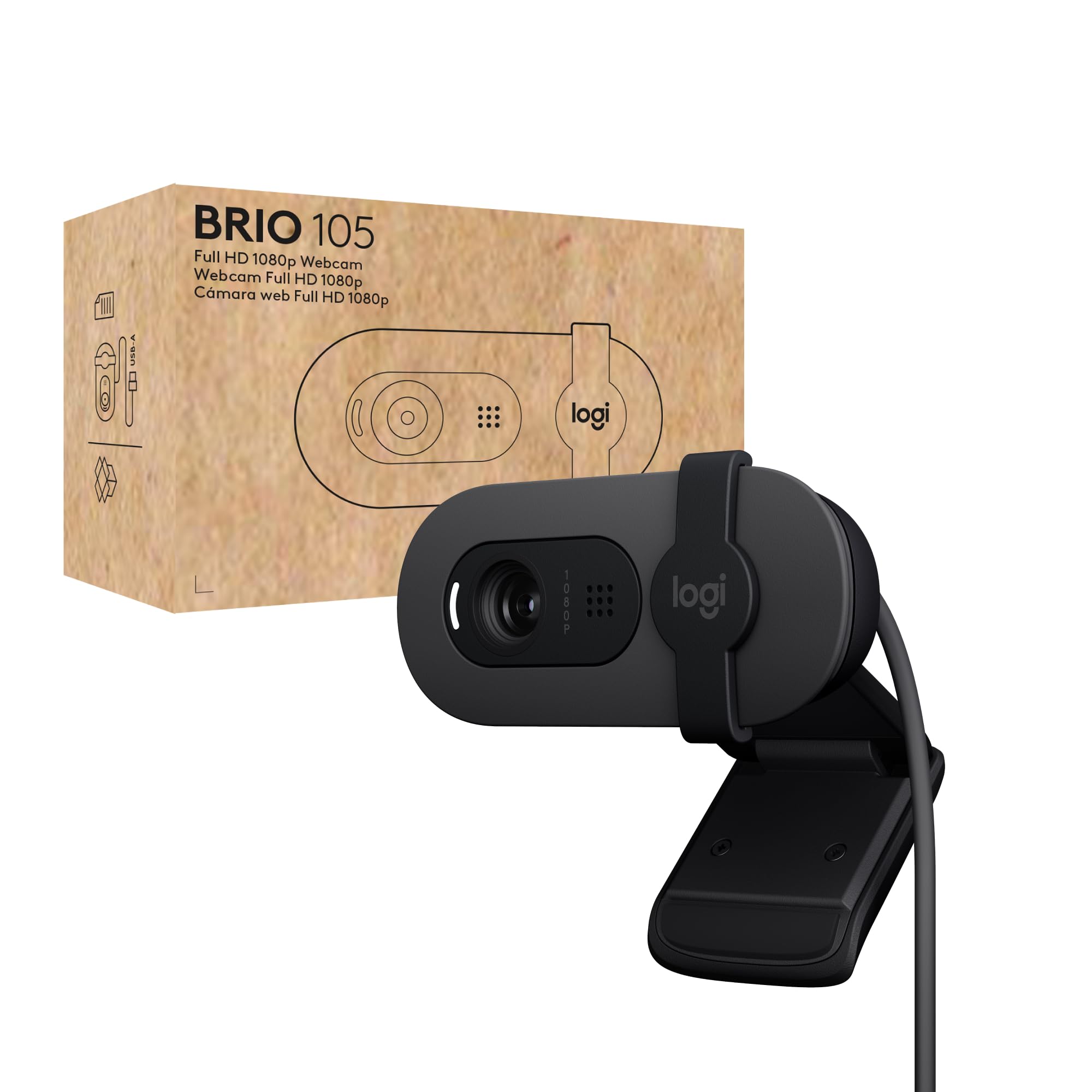 وبکم کسب و کار Logitech Brio 105 Full HD 1080p با تعادل خودکار نور، پورت USB-A، پرده حفظ حریم خصوصی، راه‌اندازی آسان، سازگار با ویندوز، macOS، ChromeOS