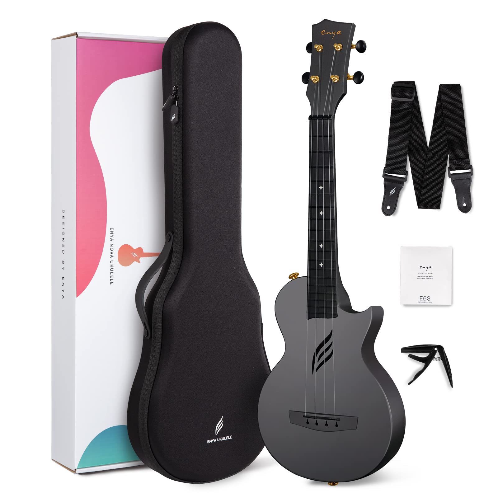 یوکولله مسافرتی فیبر کربن Enya Concert Ukulele Nova U 23 اینچ با کیت مبتدی شامل کیف، بند، کاپو و سیم‌ها، رنگ سیاه
