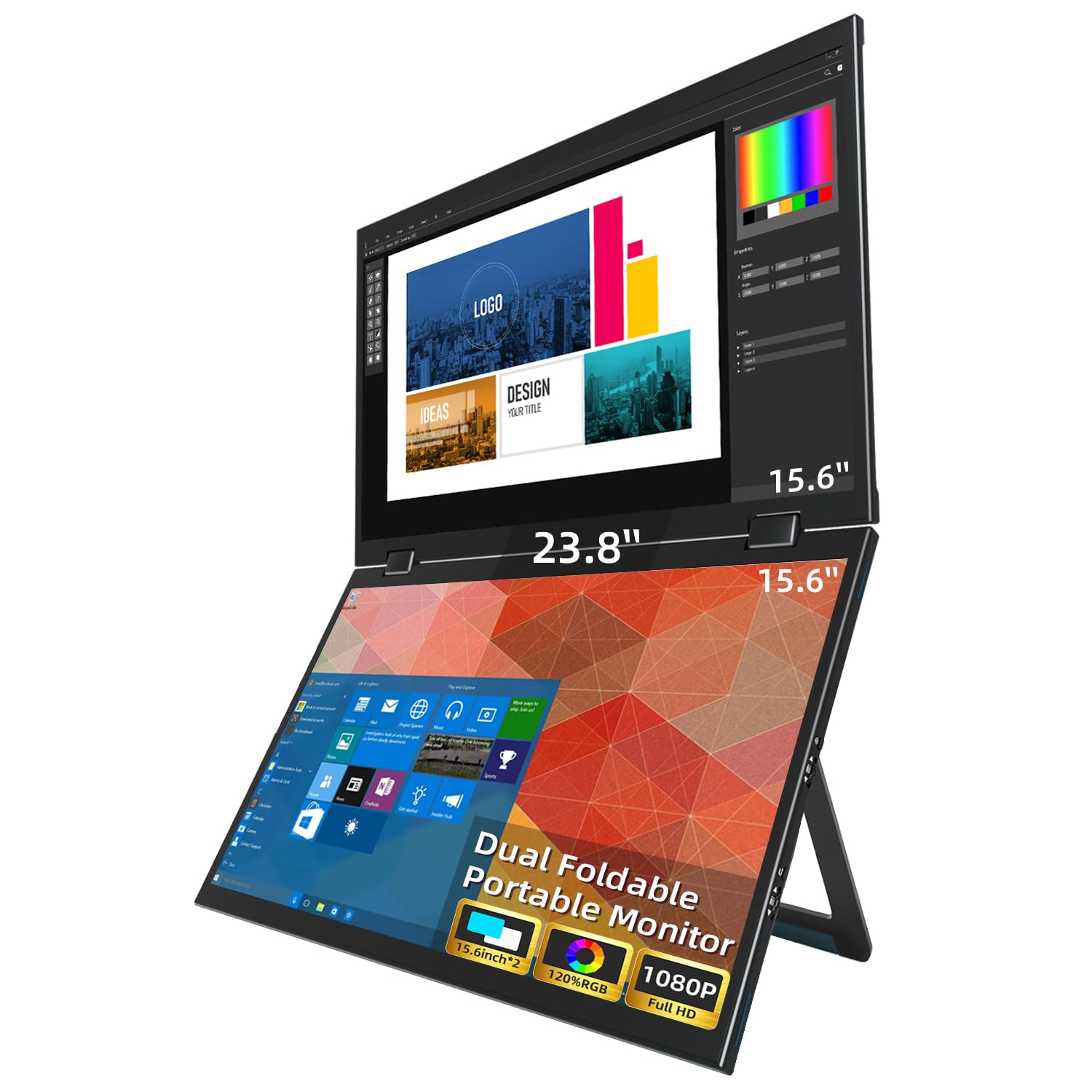 صفحه نمایش قابل حمل و تاشو Virzen Triple Screen با اندازه 15.6 اینچ و دارای دو صفحه نمایش با VESA Extender وضوح 1080P FHD IPS برای لپتاپ و کامپیوتر شخصی، چرخش 360 درجه با پایه قلابی برای ویندوز، سیستم عامل MAC، گوشی هوشمند، PS5 و نینتندو سویچ