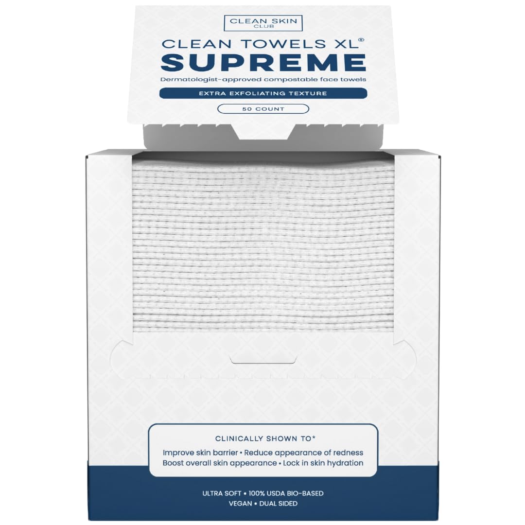 پارچه‌های تمیز کلوب Clean Skin Club Clean Towels XL™ Supreme، 100٪ بیوبیس خردپوستانه تأییدشده‌ی USDA توسط دکتر پوست، حوله‌ی صورتی برای اکسفولیه‌شن، دستمال شستشوی صورت یک‌بار مصرف، دستمال‌های تمیز کننده آرایش، 50 تا 50 تا Supreme (بسته‌ی 1 عدد)