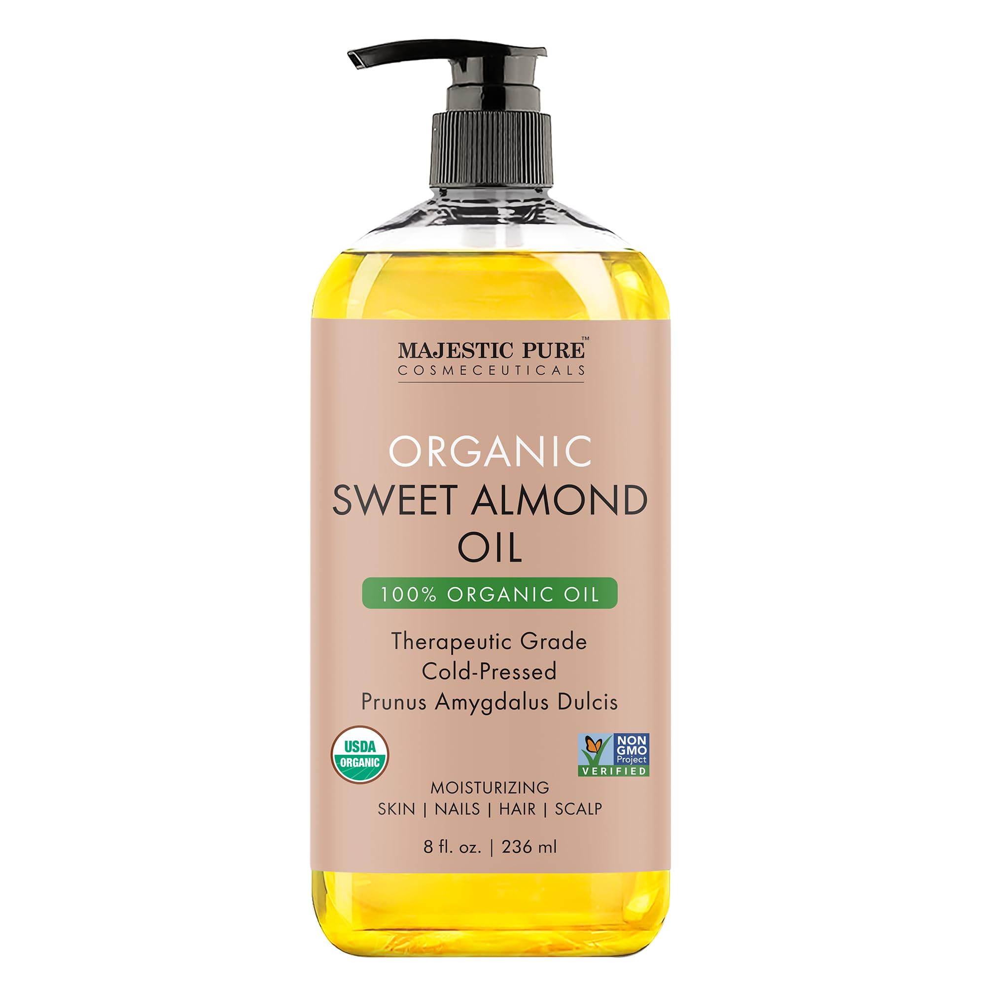 روغن بدن شیرین بادام ارگانیک Majestic Pure USDA | حجم بزرگ ۲۳۶ میلی لیتر | روغن شیرین بادام 100٪ طبیعی و تازه تهیه شده برای پوست، صورت، ناخن‌ها، مو، سر و ماساژ | ۲۳۶ میلی لیتر بادام ارگانیک