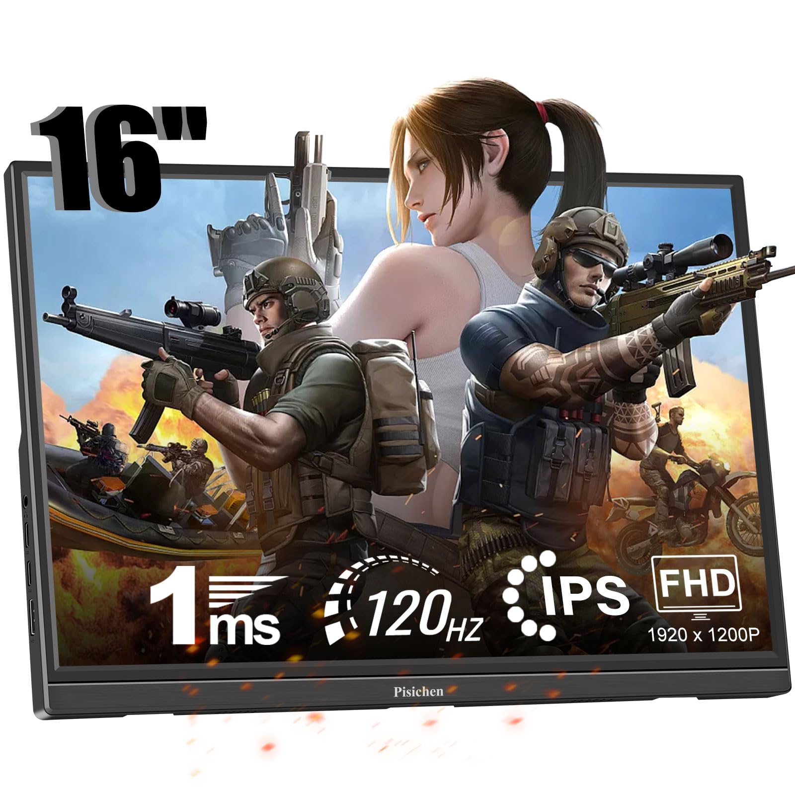 مانیتور قابل حمل Pisichen 120Hz برای بازی، نمایش 16 اینچی USB C HDMI مانیتور قابل حمل با رزولوشن 1920X1200P، صفحه نمایش IPS، پلاگ و پلی، مانیتور سفر خارجی با قابلیت HDR برای لپتاپ، کامپیوتر شخصی، مک، ایکس باکس، تلفن و پلی‌استیشن 4