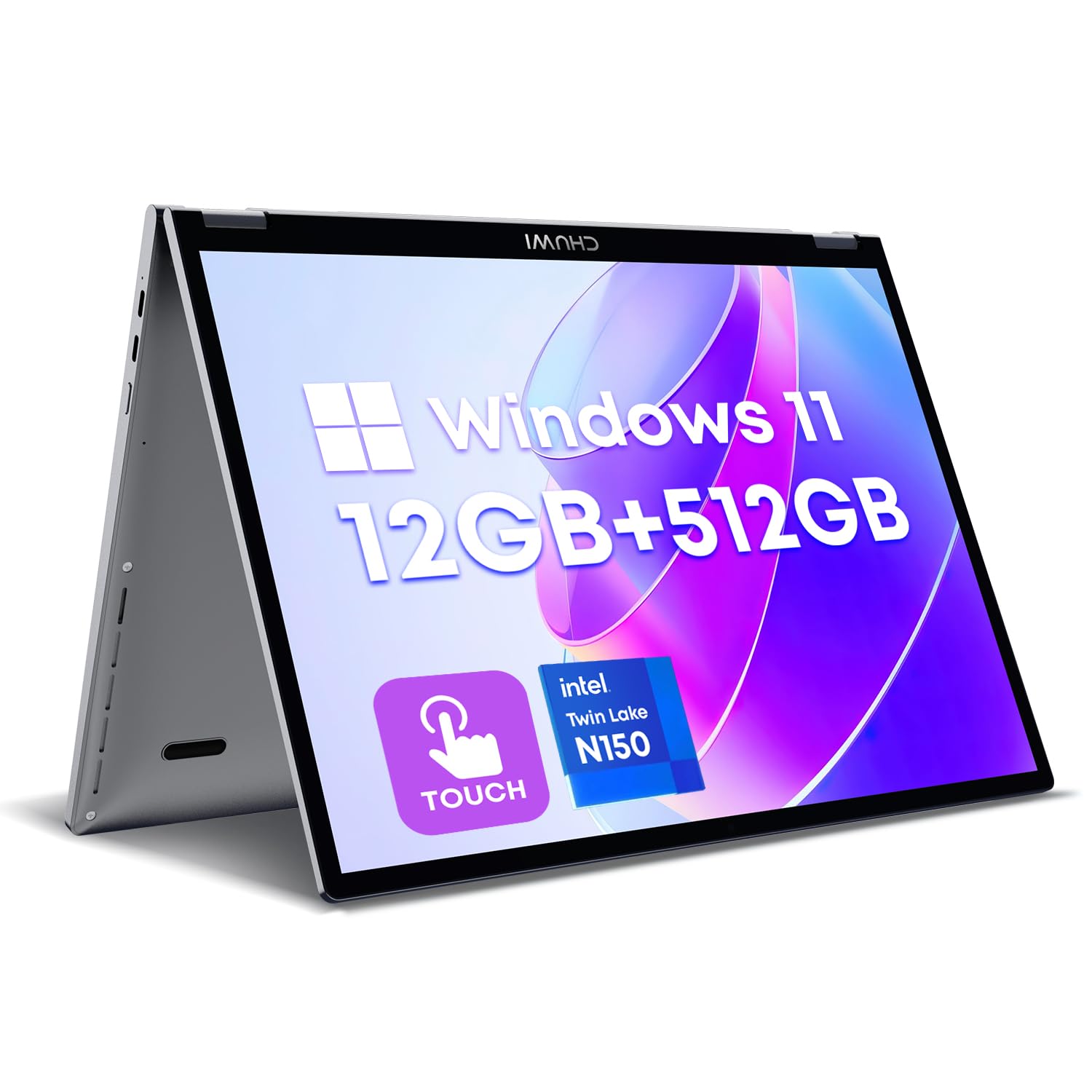 لپ تاپ لمسی 2 در 1 CHUWI MiniBook X، 512 گیگابایت حافظه داخلی از نوع SSD و 12 گیگابایت رم، پردازنده Intel N100 (تا 3.4 گیگاهرتز)، لپ تاپ تبدیلی با صفحه نمایش 10.51 اینچی ویندوز 11، قابلیت افزایش حافظه داخلی به 1 ترابایت SSD، دقت 1920x1200، صفحه کلید دارای نور پس‌زمینه، WiFi 6، BT5.2، وب‌کم