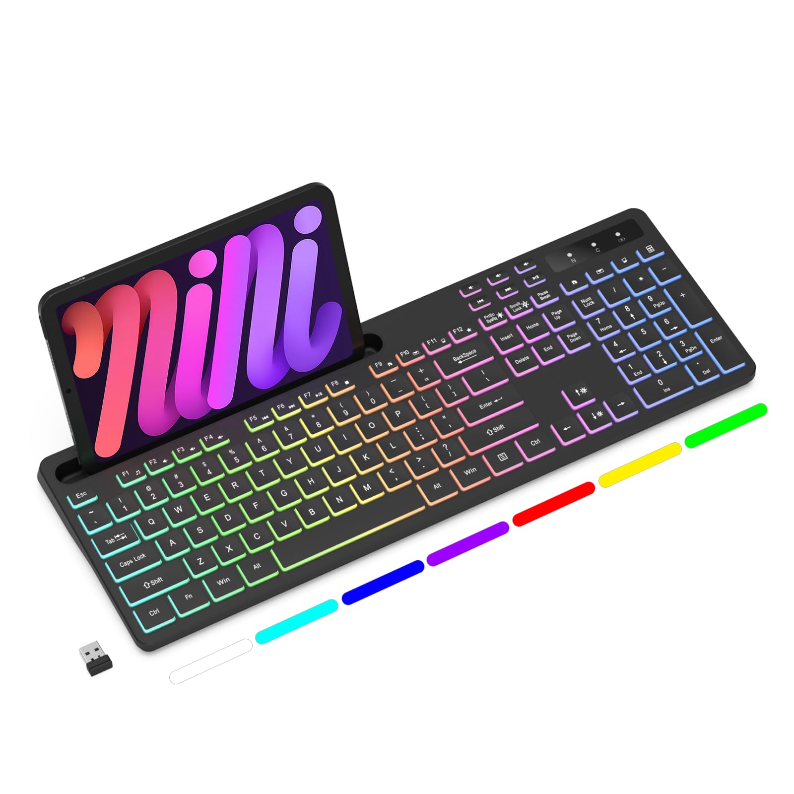کیبورد بی‌سیم RGB با نور پس‌زمینه ۷ رنگ، کیبورد کامپیوتر تمام اندازه با نگه‌دارنده تبلت و تلفن همراه، کیبورد بازی قابل شارژ ۲.۴ گیگاهرتزی با رنگ مشکی