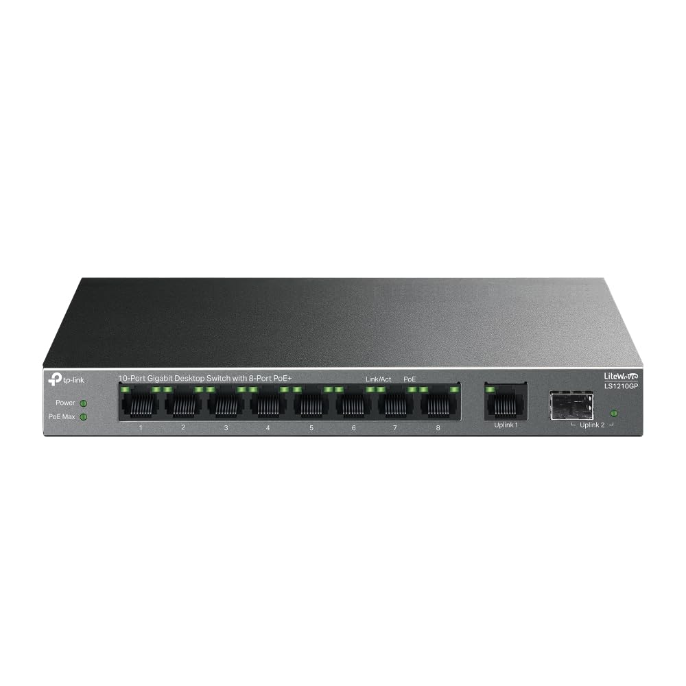 سوئیچ میزکار گیگابیت 10 پورت TP-Link با 8 پورت PoE+، پلاگ اند پلی، بازیابی خودکار، عملکرد بی‌صدا (LS1210GP) 10 پورت گیگابیت با PoE+