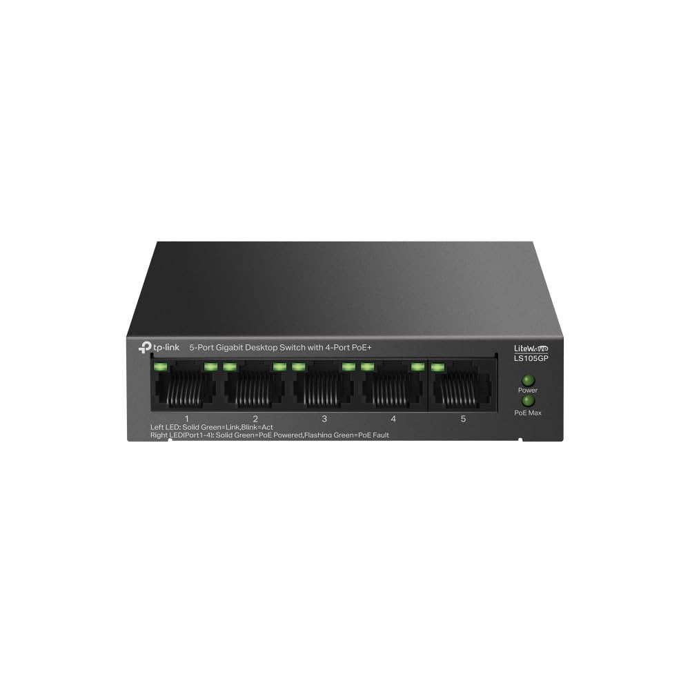 سوییچ اترنت دسکتاپ گیگابیت 5 پورت TP-Link با 4 پورت PoE+، بودجه PoE 65 وات، بازیابی خودکار PoE، پلاگ اند پلے، قاب فلزی، مناسب برای نظارت IP و امنیت شبکه (LS105GP)