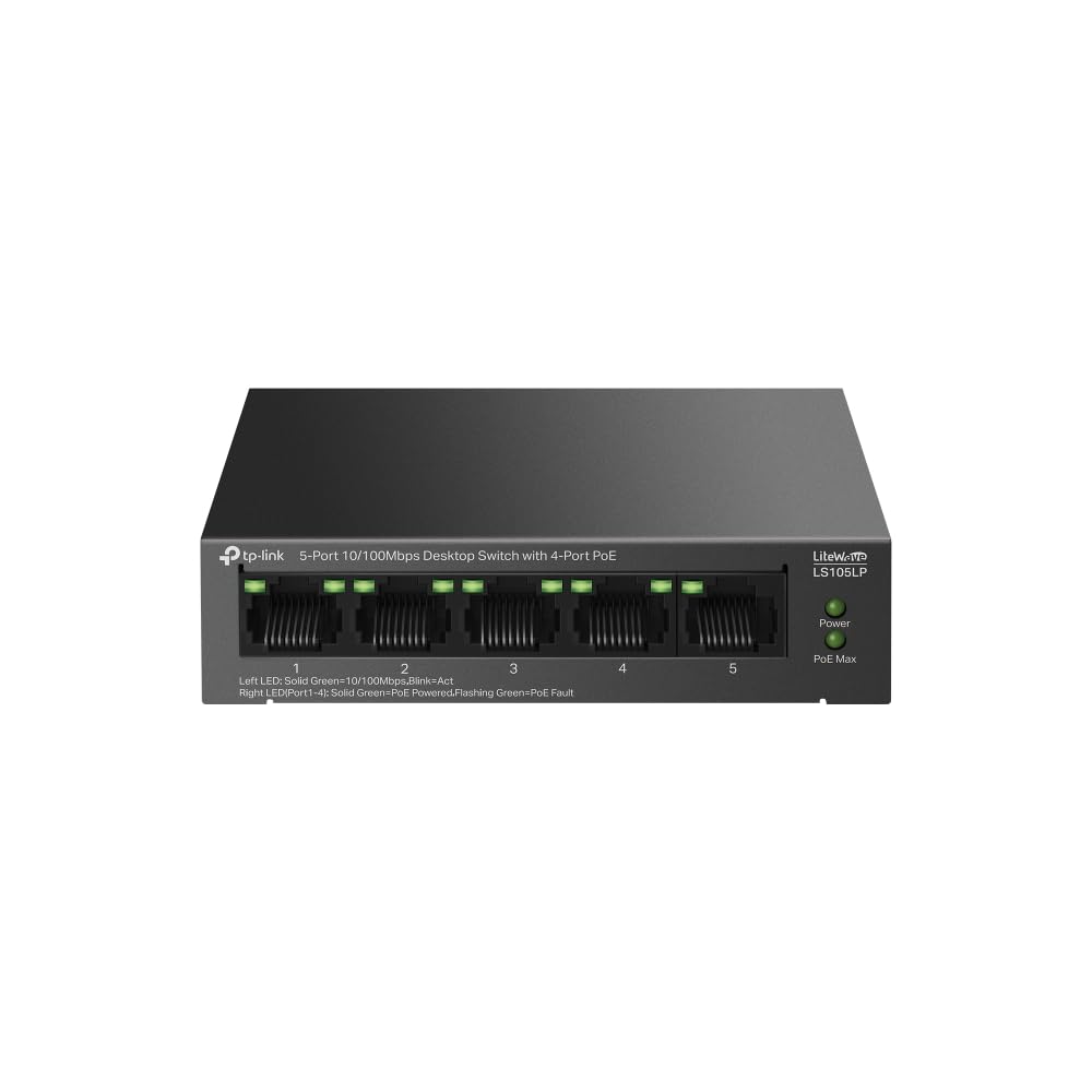 سوئیچ اترنت دسکتاپ 5 پورت TP-Link با سرعت 10/100 مگابیت بر ثانیه با 4 پورت PoE، بودجه PoE 41 وات، بازیابی خودکار PoE، پلاگ اند پلی، قاب فلزی، طراحی بدون فن، ایده‌آل برای شبکه‌های نظارت تصویری IP (LS105LP) PoE+