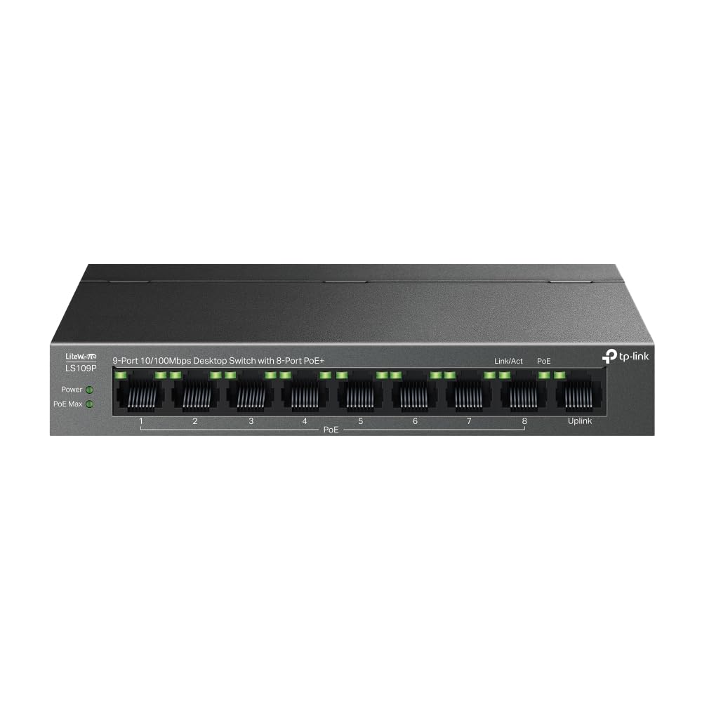 سوئیچ شبکه اترنت 10/100Mbps دسکتاپ 9 پورت TP-Link با 8 پورت PoE + ،بودجه PoE 63 وات، بازیابی خودکار PoE, پلاگ اند پلی، قاب فلزی، صرفه جویی در انرژی، ایده آل برای نظارت IP و امنیت شبکه (LS109P)