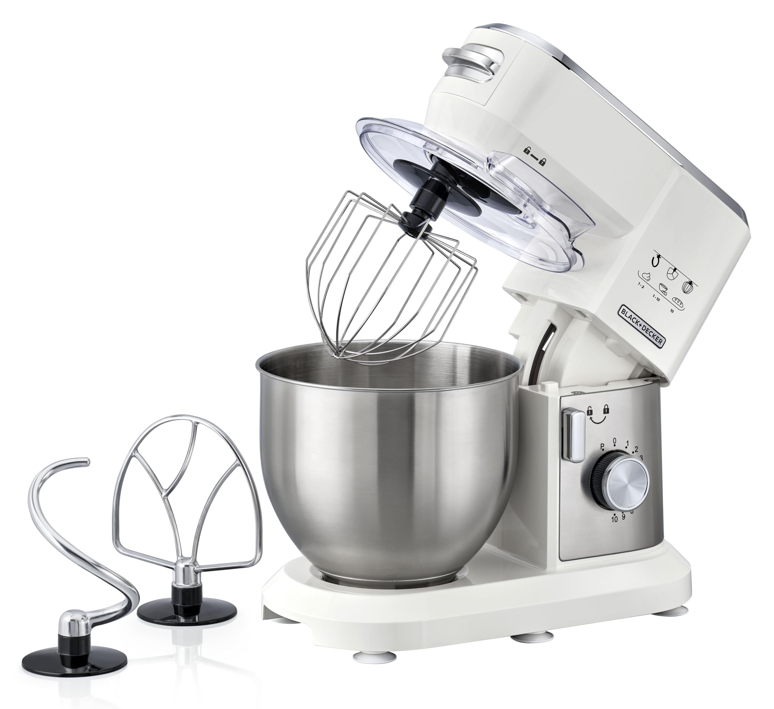 آرامگاه ایستاده BLACK & DECKER ماشین آشپزخانه، 1000 وات، کاسه استیل ضد زنگ 6 لیتری، 10 سرعت + تکانه، حرکت سیاره‌ای، با هوک خمیر، هرزه، تجهیزات ویسک، طراحی سر کیلو - سفید، مدل MKM100-B همزن 1000 وات 6 لیتری