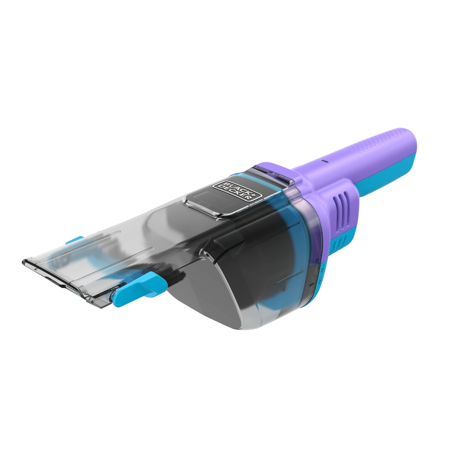 جاروبرقی دستی بی سیم BLACK+DECKER، باطری ۲٫۰Ah ۷٫۲V، جذب ۱۶AW، مسطح بالا برای مسواک، ابزار گوشه‌ای، مسواک مو‌های حیوانات خانگی، پایه ذخیره‌سازی، بنفش تند و آبی خنثیLiveData220BP-GB
