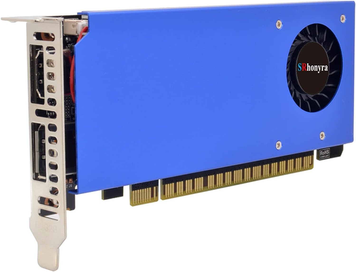 SRhonyra GeForce GTX 1650 4GB کم‌ارتفاع کارت گرافیک با حافظه GDDR5 128 بیتی، پشتیبانی از دو نمایشگر، خروجی‌های DP و HDMI، یک اسلات، GPU PCIe 3.0 x16، تأمین انرژی از طریق باس PCIe