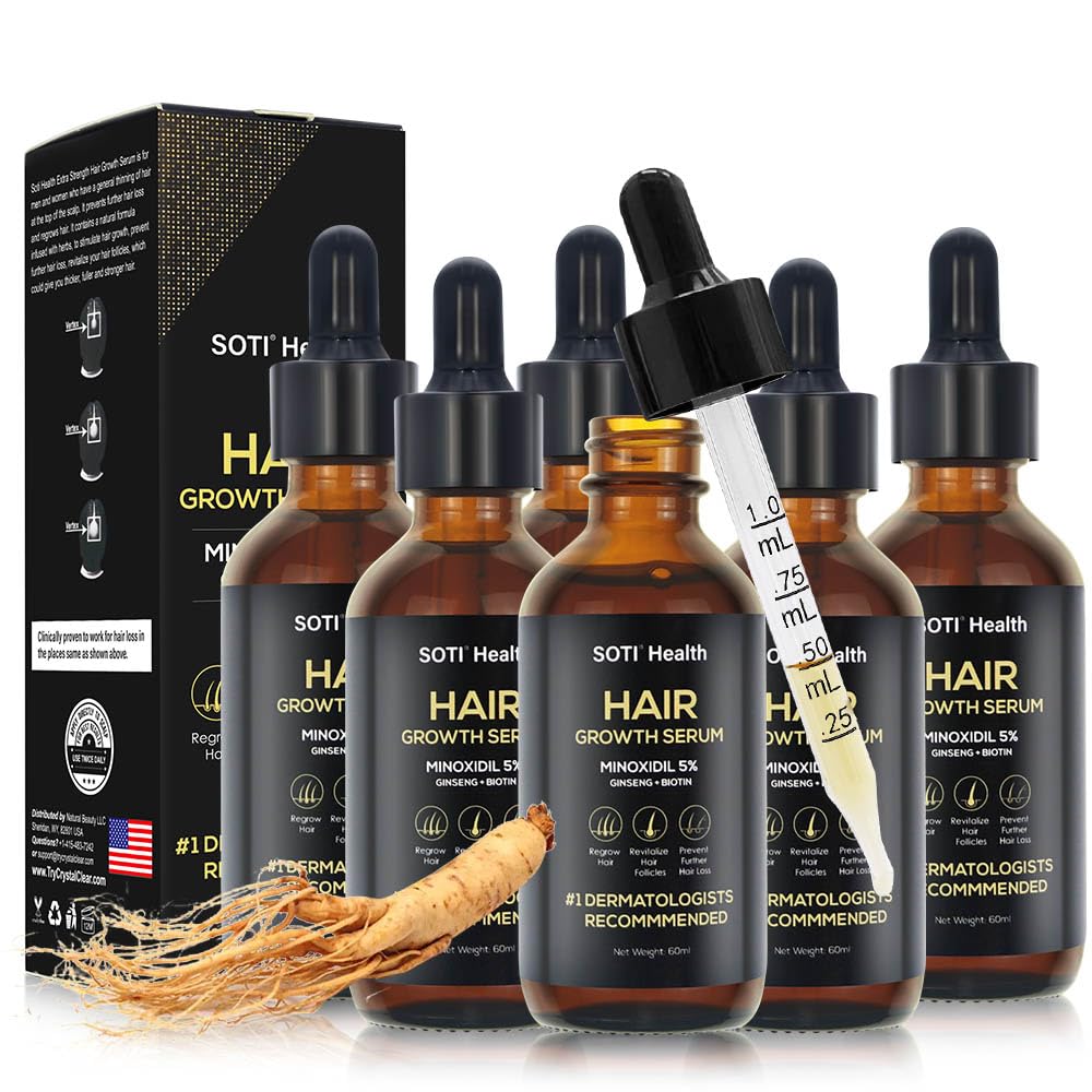 سرم رشد موی سوتی 5٪ مینوکسیدیل برای ریزش مو و نازکی با ژینسنگ، فو تی، بیوتین - پر و پف پوشش موهای ضعیف و قوی‌تر و بازده زیباتر مو، درمان سلامتی پوست سر، تأمین ۶ ماهه (۳۶۰ میلی لیتر)