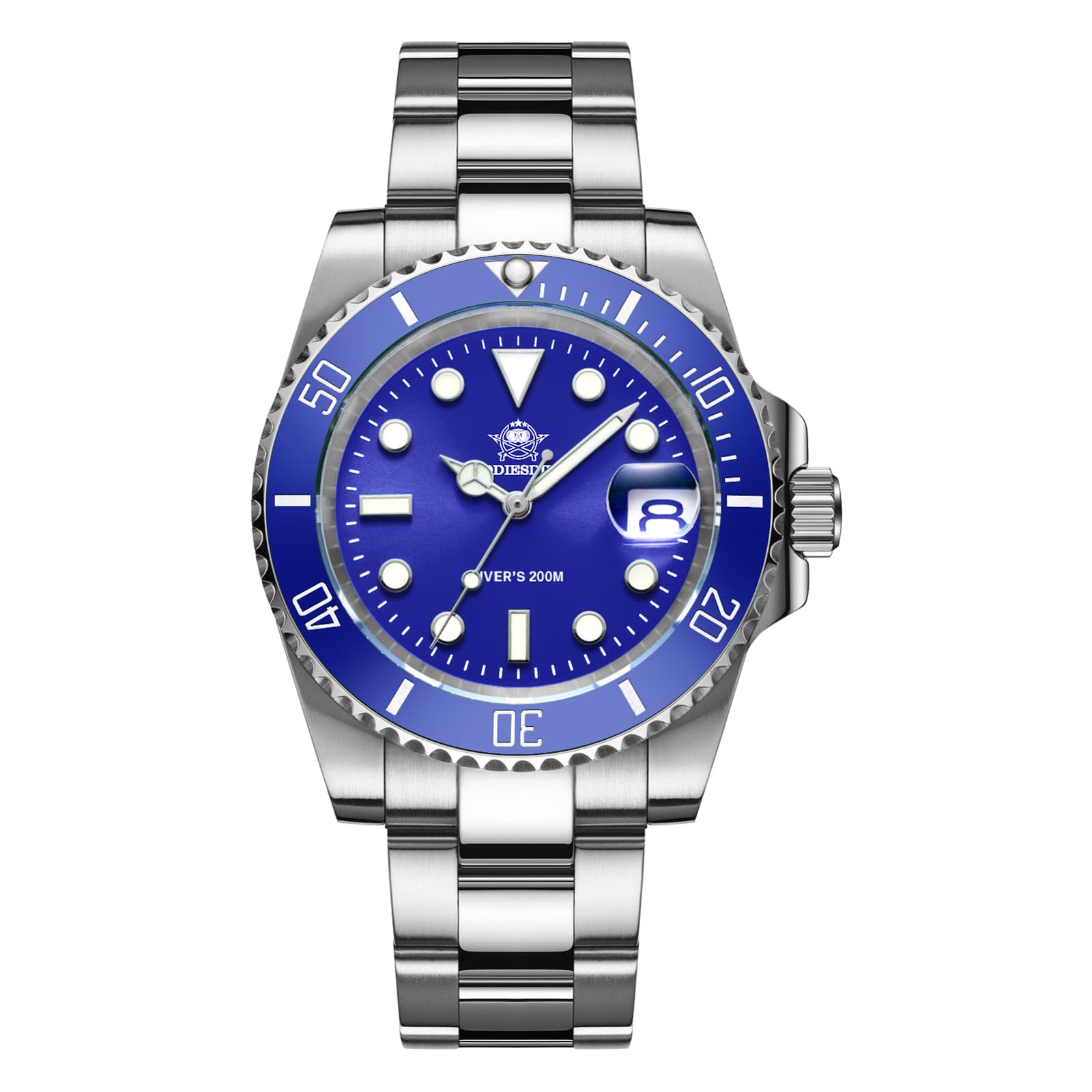 ADDIESDIVE Quartz Dive Watch for Men Diver 200M Steel Strap Luminous Multicolors Dial Black Blue Green Grey Red H3-blue