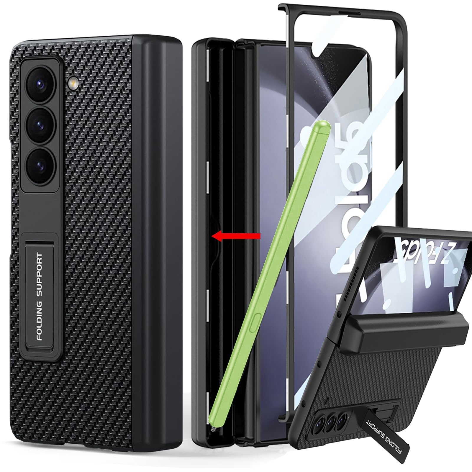 کیس COCOING برای Samsung Galaxy Z Fold 5 با دارنده قلم، جلد هنج وار با شکاف قلم، همراه با محافظ صفحه نمایش و قابل تنظیم، کیس چرمی برای Galaxy Z Fold 5 2023 (الیاف کربنی) مشکی