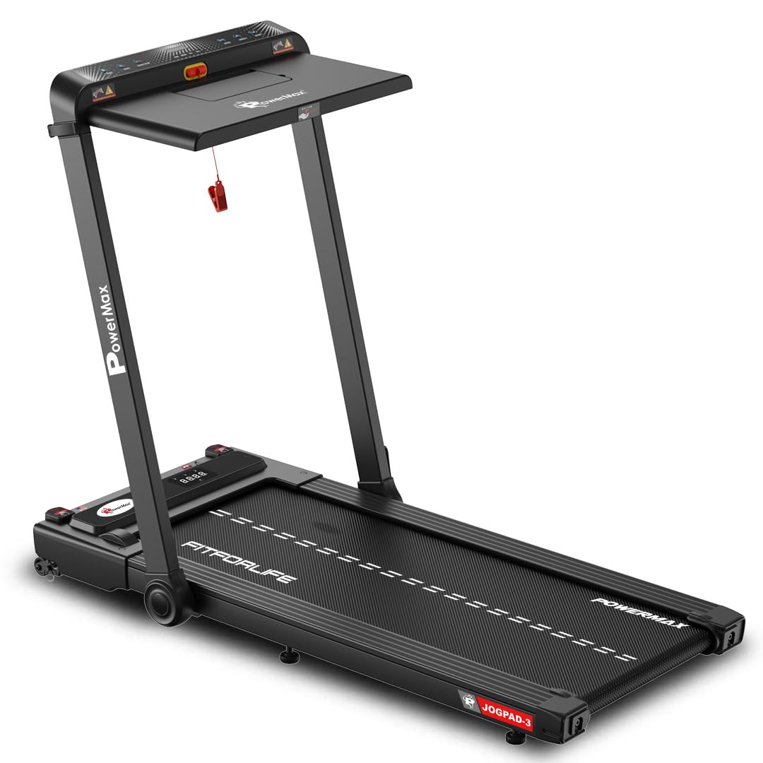 PowerMax Fitness JogPad-3 (4HP Peak) Motorized 2 in 1 میزان یکنه تمرین در خانه لوازم ورزشی زیر میز برای مشتری حداکثر 110 کیلوگرم ، سرعت بالایی 12 کیلومتر در ساعت ، نمایشگر LED ، بلوتوث ، بلندگو ، نگه دارنده ipad