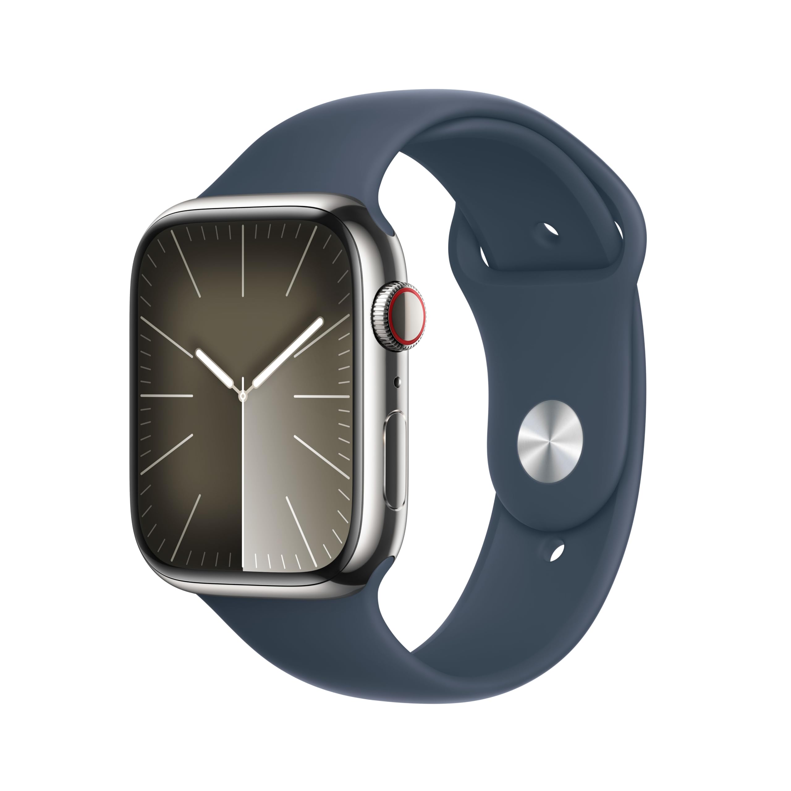 ساعت هوشمند Apple Watch Series 9 [GPS+Cellular 45mm] با بدنه از جنس استیل ضد زنگ نقره‌ای و بند ورزشی آبی تیره Storm Blue در اندازه S/M. دارای ردیاب فیتنس، اپلیکیشن‌های اکسیژن خون و ECG، نمایشگر Retina همیشه روشن، مقاوم در برابر آب رنگ نقره‌ای/آبی تیره برای بدنه 45 میلیمتری و بند ورزشی S/M - قابل استفاده برای مچ‌های 140 تا 190 میلیمتری