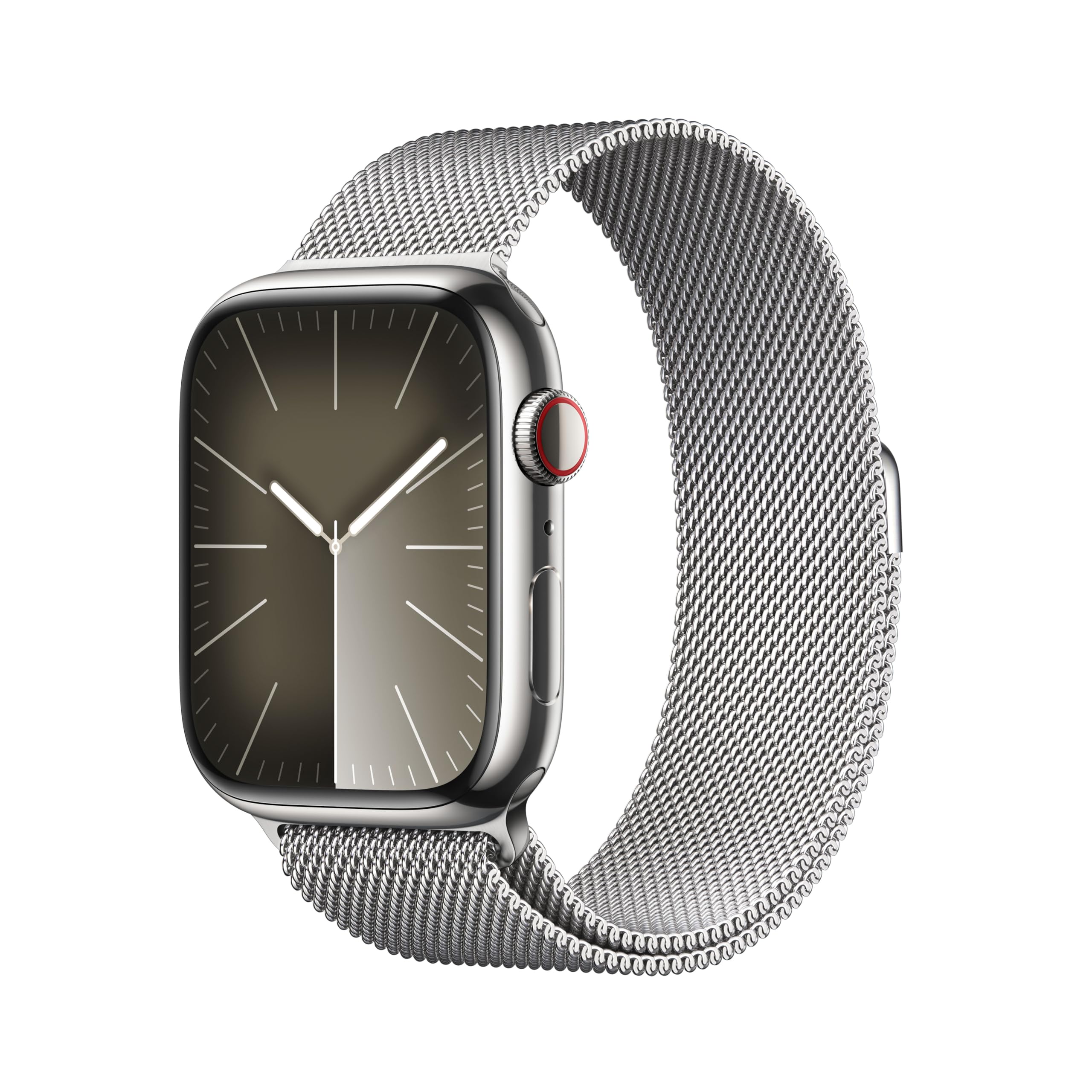 ساعت هوشمند Apple Watch Series 9 جدید [GPS + Cellular 45mm] با قاب استیل ضد زنگ نقره ای و بند میلانه از جنس فولاد نقره ای به اندازه یک اندازه. دستگاه ردیابی فیتنس، برنامه‌های اکسیژن خون و الکتروکاردیوگرافی، مقاوم در برابر آب