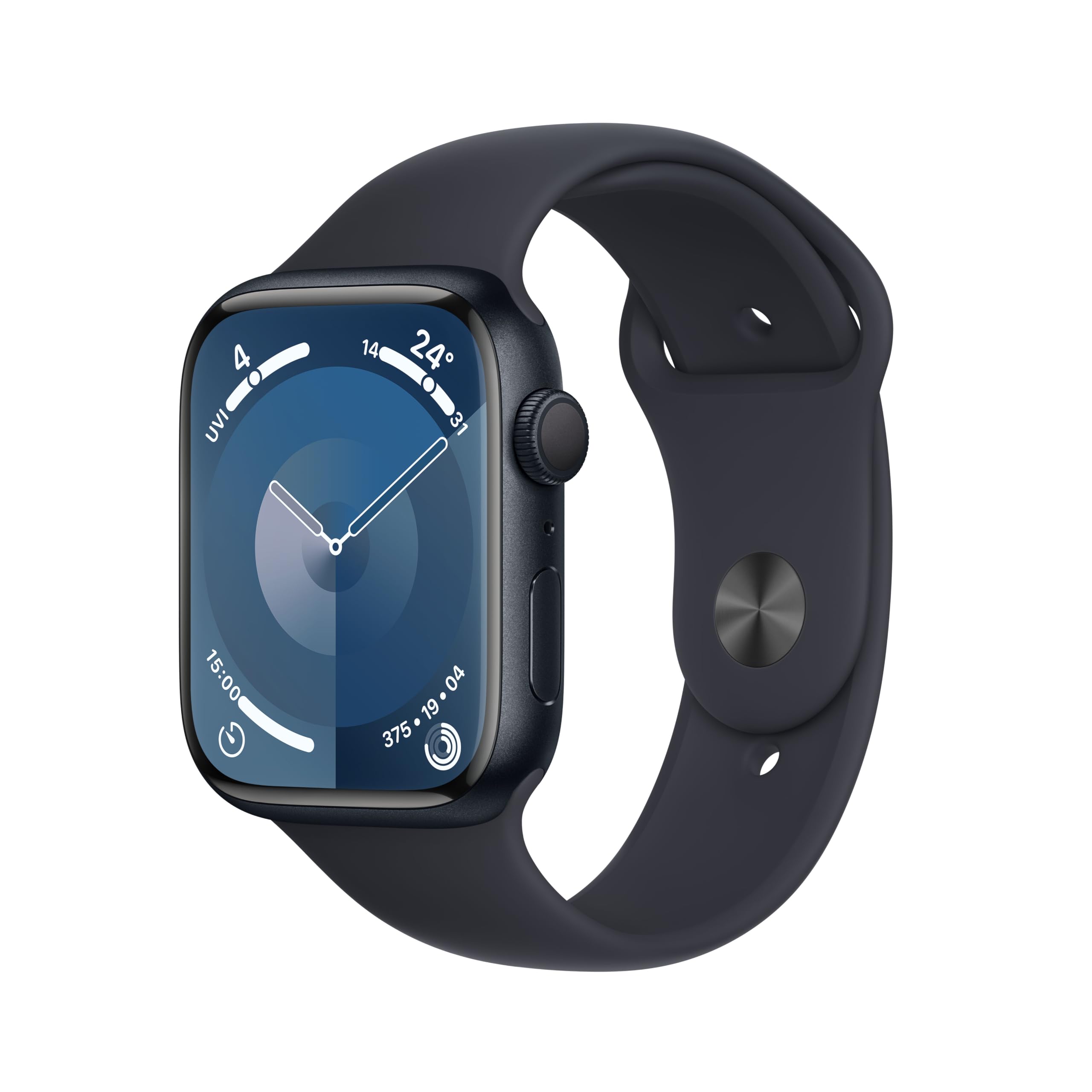 ساعت هوشمند Apple Watch Series 9 [GPS 45mm] با قاب از آلومینیوم میدنایت و بند ورزشی میدنایت با اندازه M/L. دارای قابلیت پیگیری فعالیت های ورزشی، برنامه های اکسیژن خون و قلب و آبشار خورشیدی همواره روی صفحه، ضدآب با قابلیت تحمل آب به عمق ۵۰ متر در کلاس اول. قاب میدنایت ۴۵ میلی‌متر بند ورزشی M/L - مناسب برای مچ‌های با اندازه ۱۶۰-۲۱۰ میلی‌متر.
