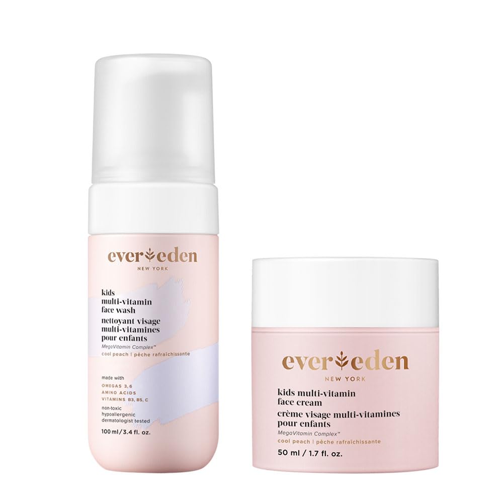 Evereden Kids Happy Face Duo (Cool Peach) - Multi-Vitamin Kids Face Wash & Cream Set - Clean, Vegan Skin Care for 3+ - Moisturizing, Nourishing, Protective
مجموعه شستشوی صورت و کرم مولتی ویتامین بچگانه اوردن کیدز (خالی از چالشنگی) - مراقبت از پوست تمیز و گیاهی برای ۳ سال به بالا - مرطوب کننده، تغذیه دهنده، محافظ