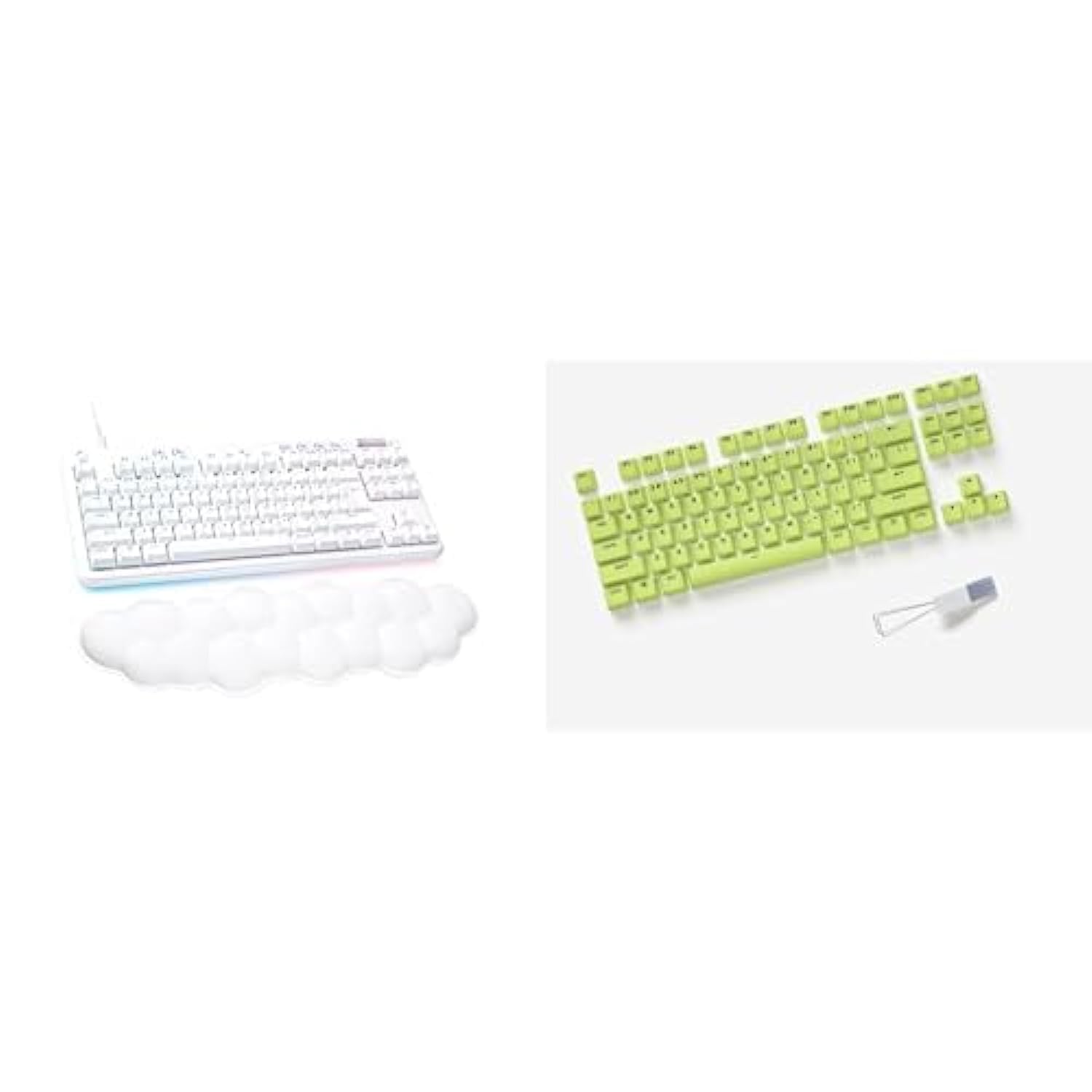 صفحه کلید بازی مکانیکی سیمی Logitech G G713 با روشنایی LIGHTSYNC RGB، سوئیچ‌های لمسی (GX قهوه‌ای) و استراحت دست صفحه کلید، سازگار با PC و Mac - سفید مه فروشی + کلاو های کلید - سبز فلش لیم G713 سیمی + کلاو های کلید