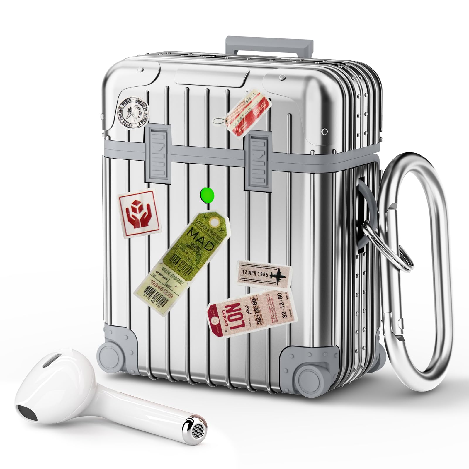 کاور KOREDA سازگار با AirPods، محافظ مدل چمدان طراحی شده برای Airpods نسل دوم/نسل اول، کاور محافظ مد نظر زیبا برای زنان و مردان با کلید برای Airpods نقره‌ای