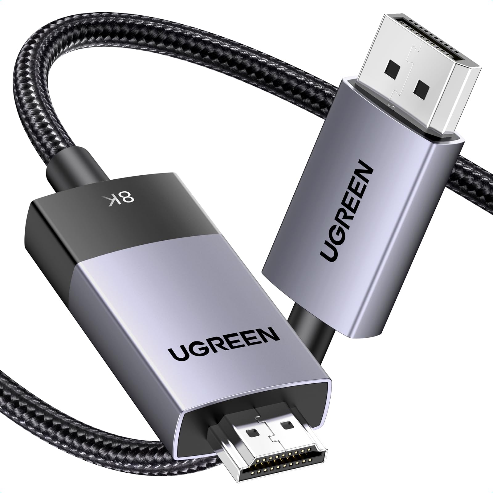 کابل UGREEN 8K DisplayPort به HDMI 2M با پشتیبانی از 8K@60Hz و 4K@240Hz، Active DP 1.4 به HDMI 2.1 با جهت‌گیری یکطرفه HDR، Dolby، 32.4Gbps، بافته شده، سازگار با مانیتور، دل، اچ‌پی، اپسون، سونی