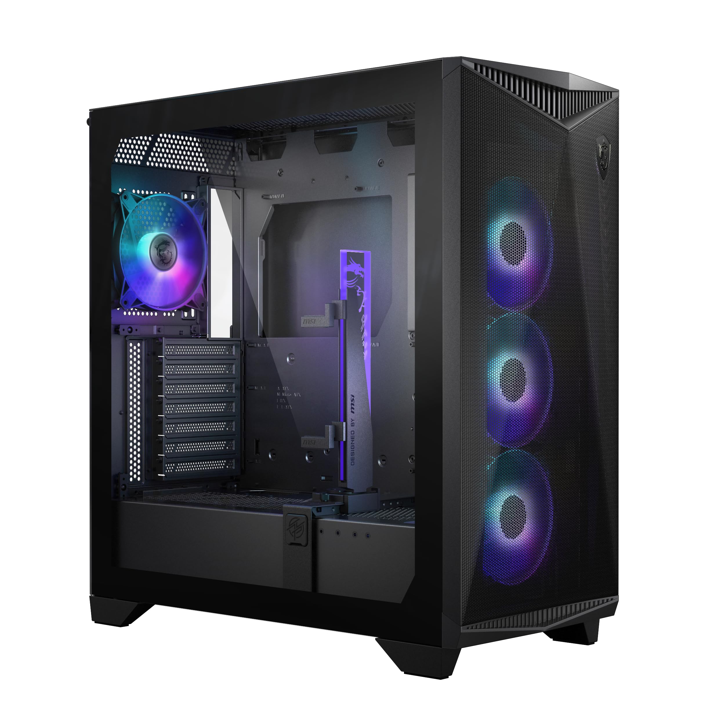 پوشه بازی MSI میانی از جنس شیشهٔ مقاوم – 4 پره معمولی ARGB 120 میلیمتری – پشتیبانی از خنک‌کننده مایع تا 360 میلیمتری – USB نوع C – سیستم مدیریت کابل‌ها – MPG GUNGNIR 300R Airflow