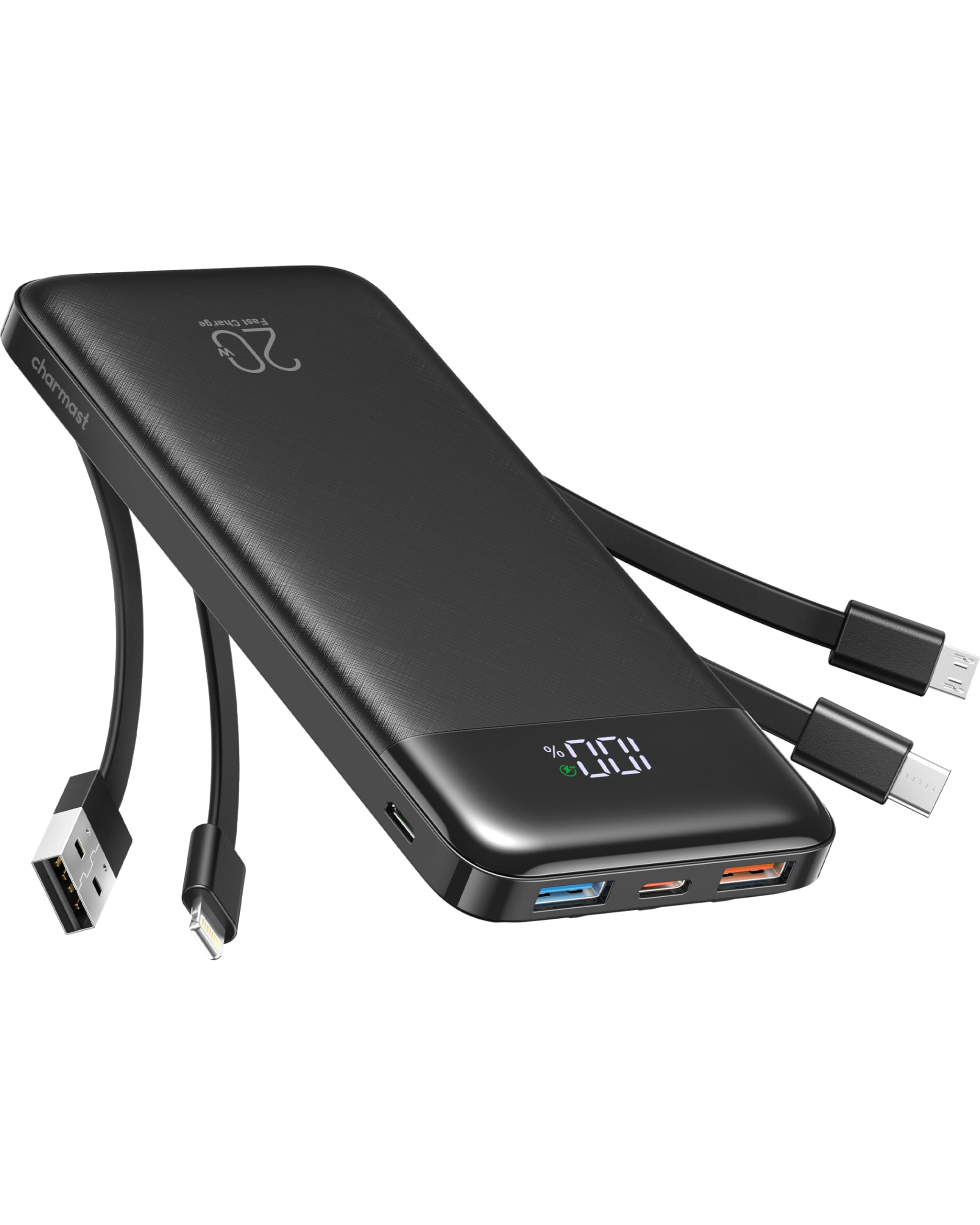 پاور بانک Charmast با کابل های داخلی، باتری 20000mAh USB C با 5 خروجی 4 ورودی با صفحه نمایش LED نوع C پاوربانک، شارژر قابل حمل 22.5 واتی سریع که سازگار با گوشی هوشمند و دیگر دستگاه‌هاست، رنگ مشکی