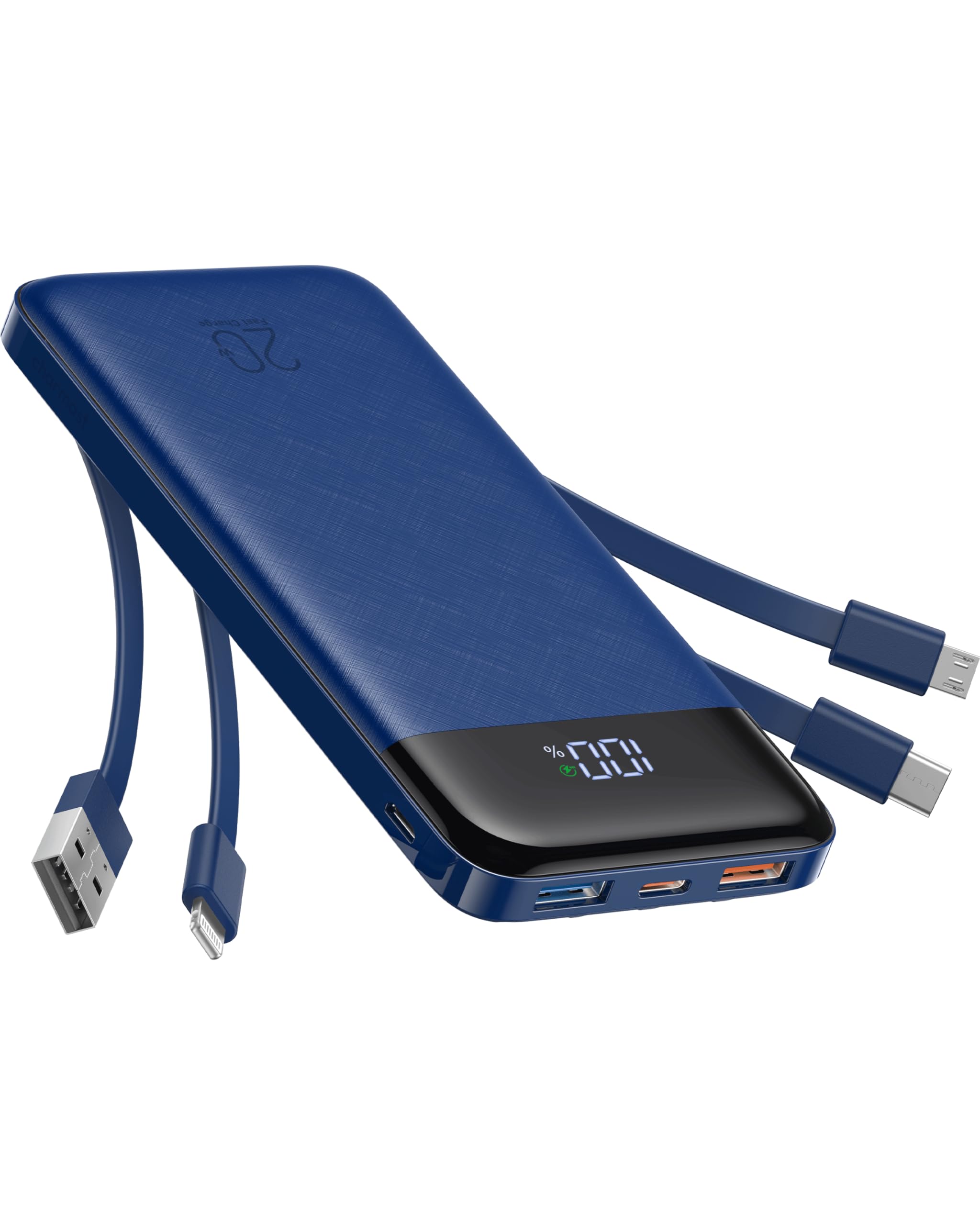 پاور بانک Charmast با کابل‌های درونی، باتری 20000mAh USB C با 5 خروجی و 4 ورودی و نمایشگر LED نوع C پاوربانک،شارژر قابل حمل 22.5 وات سریع شارژ سازگار با گوشی‌های هوشمند (آبی)