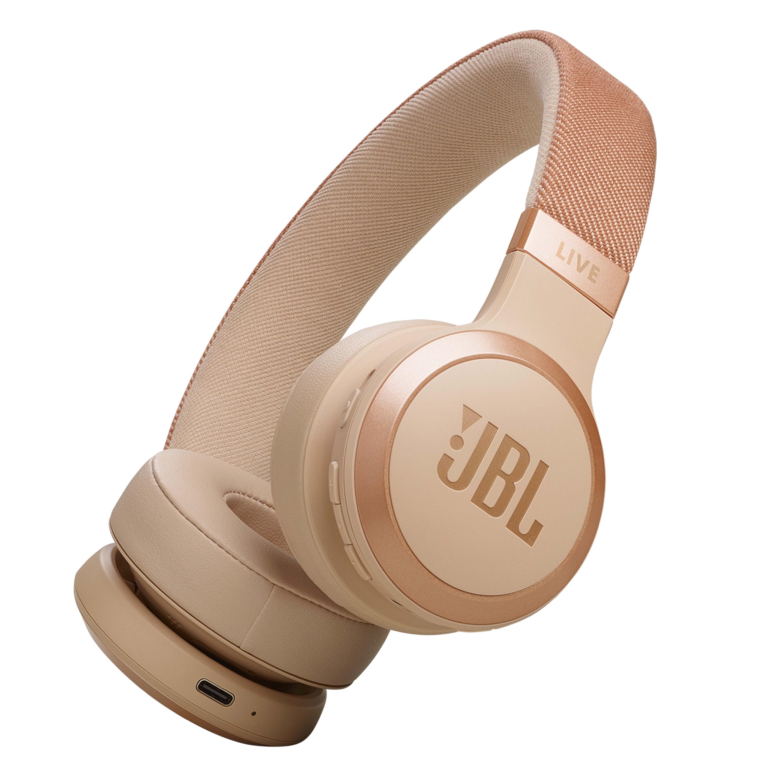 هدفون بی‌سیم JBL LIVE 670NC با قابلیت لغو نویز آداپتیو واقعی، باس خالص، حالت محیط هوشمند، بلوتوث 5.3، Le Audio، VoiceAware، باتری 64 ساعته، رنگ بژ.