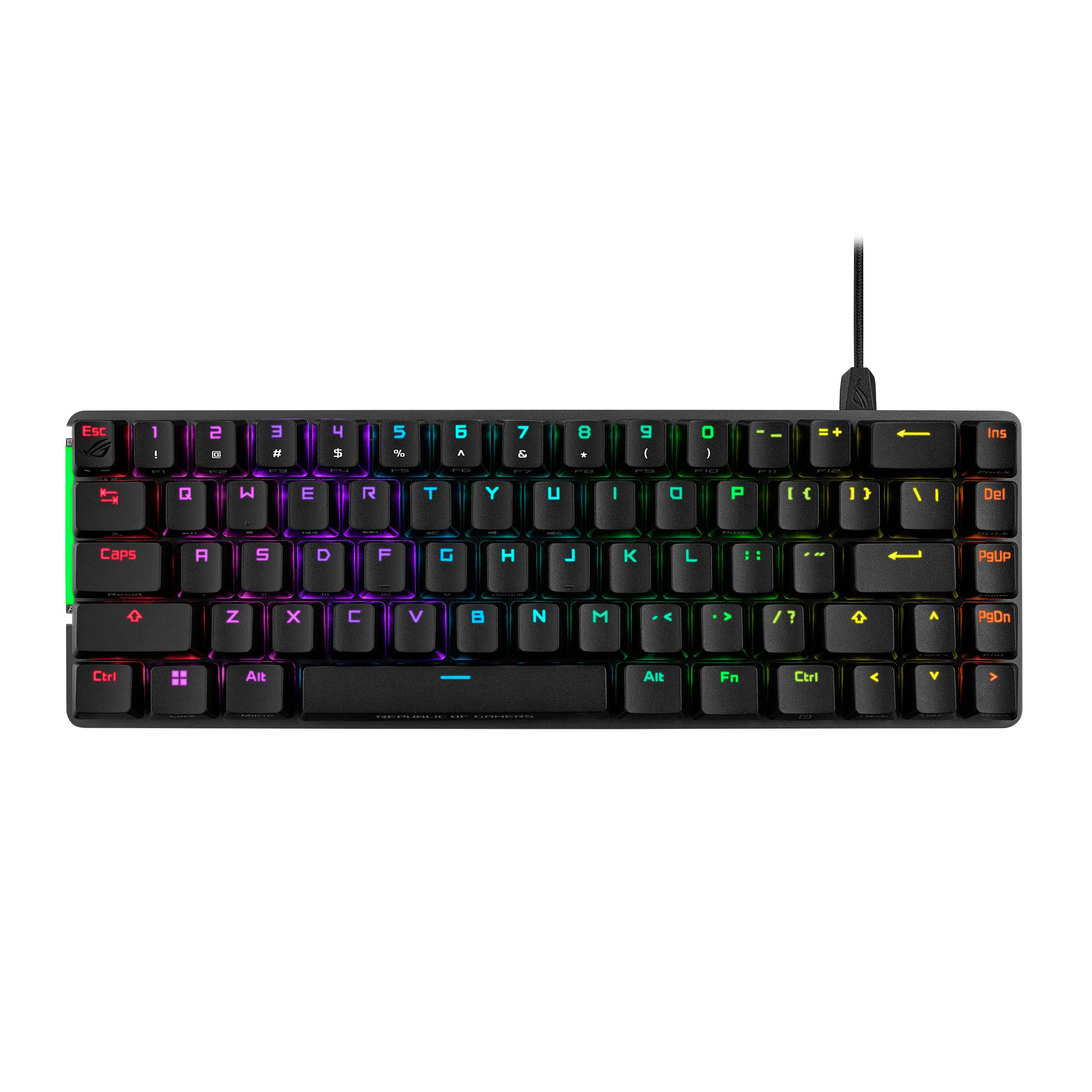 ASUS ROG Falchion Ace 65% RGB Compact Gaming Mechanical Keyboard, کیبورد مکانیکی بازی کوچک ASUS ROG Falchion Ace 65% RGB، سوئیچ‌های و ستابیلایزرهای قرمز ROG NX لوبری شده، اسفنج جذب صدا، کی‌کپ‌های ABS، باسیمی با KVM، سه زاویه، طرح AR، رنگ مشکی