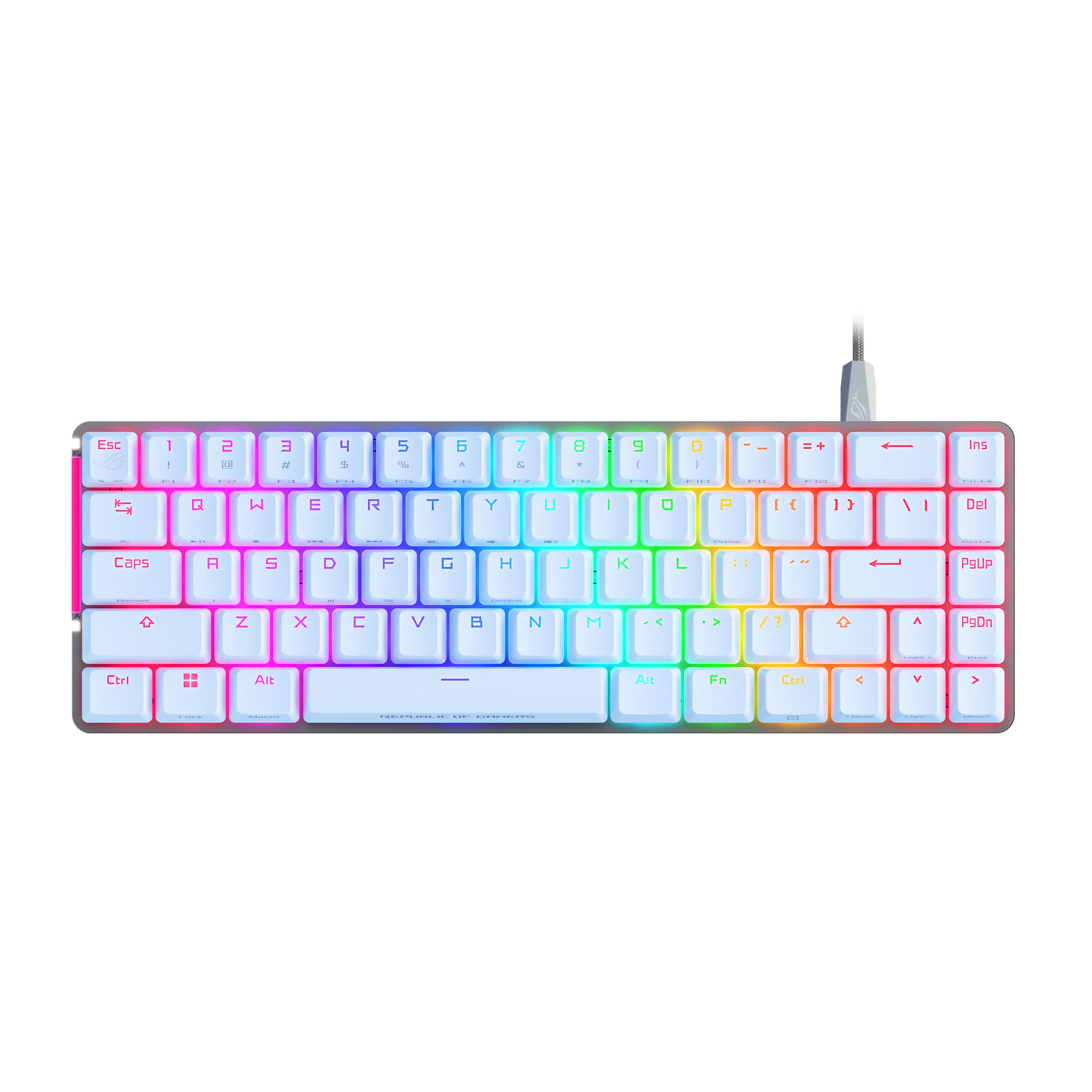 صفحه کلید مکانیکی بازی کوچک ASUS ROG Falchion Ace 65٪ RGB، Switch های قرمز ROG NX با لوبریکیشن و استابیلایزرهای Switch، اسفنج جذب صدا، کی‌کپ‌های ABS، با سیم با KVM، سه زاویه، طرح AR، سفید